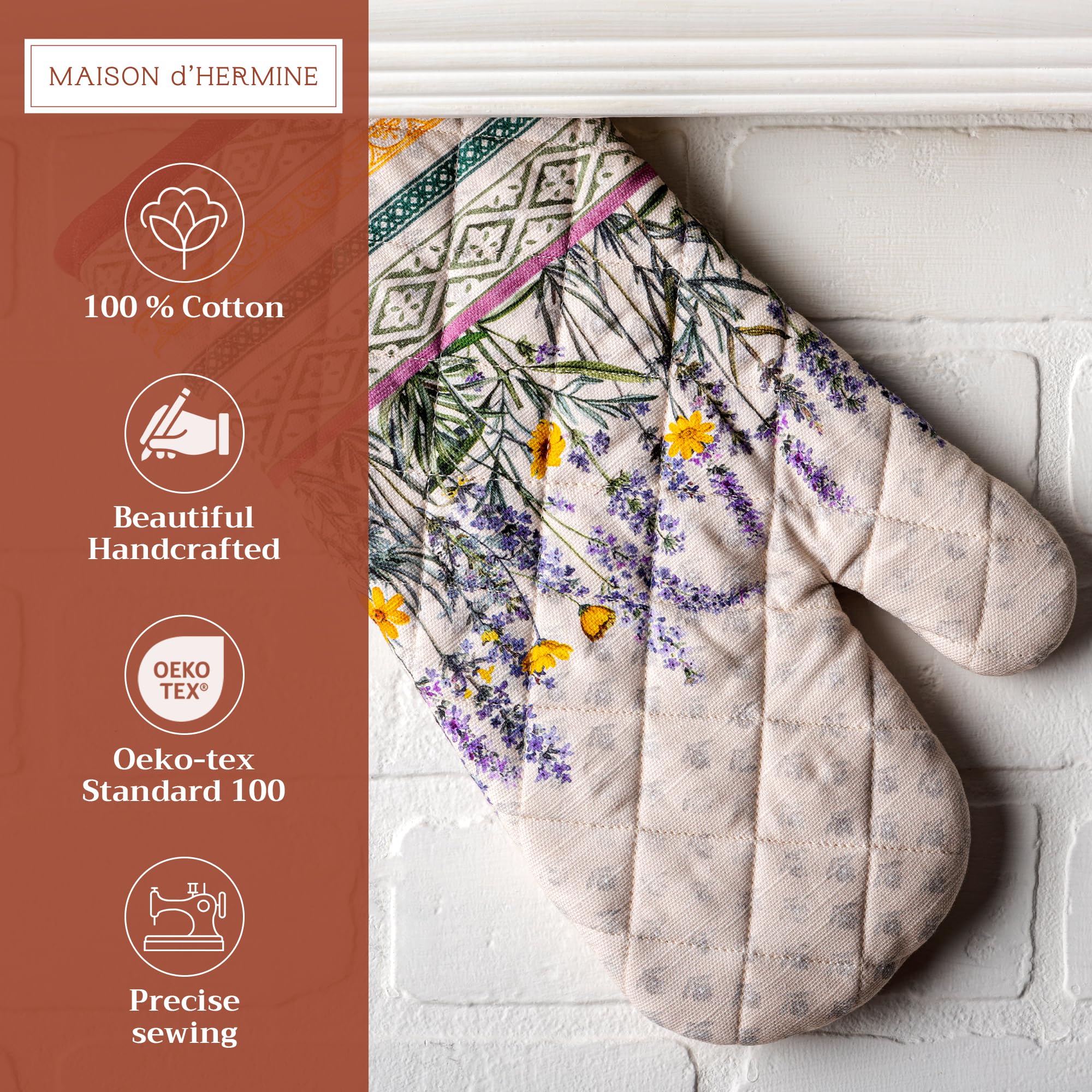 Maison d' Hermine Oven Gloves 100% Cotton Oven Mitt Heat Resistant Cooking Gloves with Loop for Gifts  Baking Microwave  Handling Hot Pans  Fanny Lavender - Spring/Summer(7 Inch x 13 Inch)