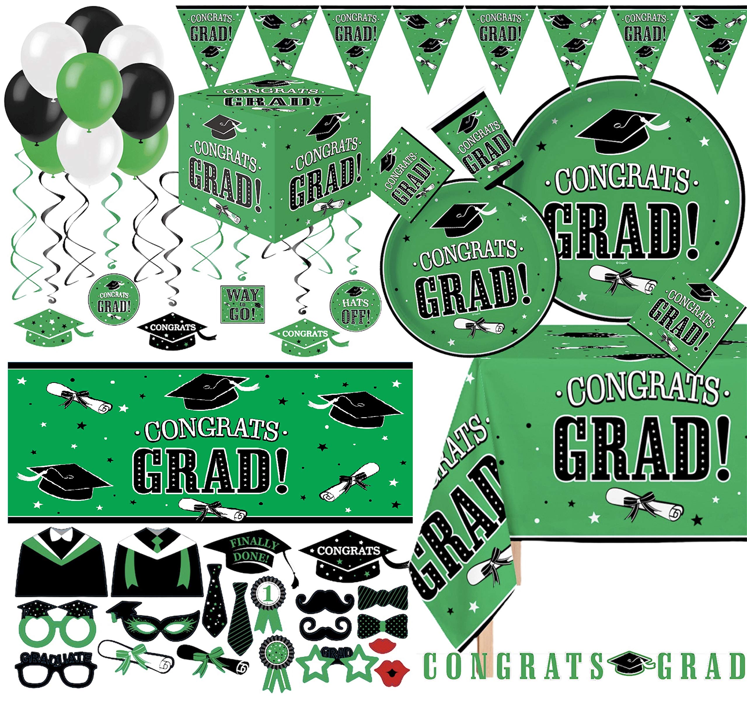 Serves 30 | Ultimate Party Pack | Congrats Grad Green Party Supplies | 9'' Dinner Paper Plates | 7'' Dessert Paper Plates | 9 Oz