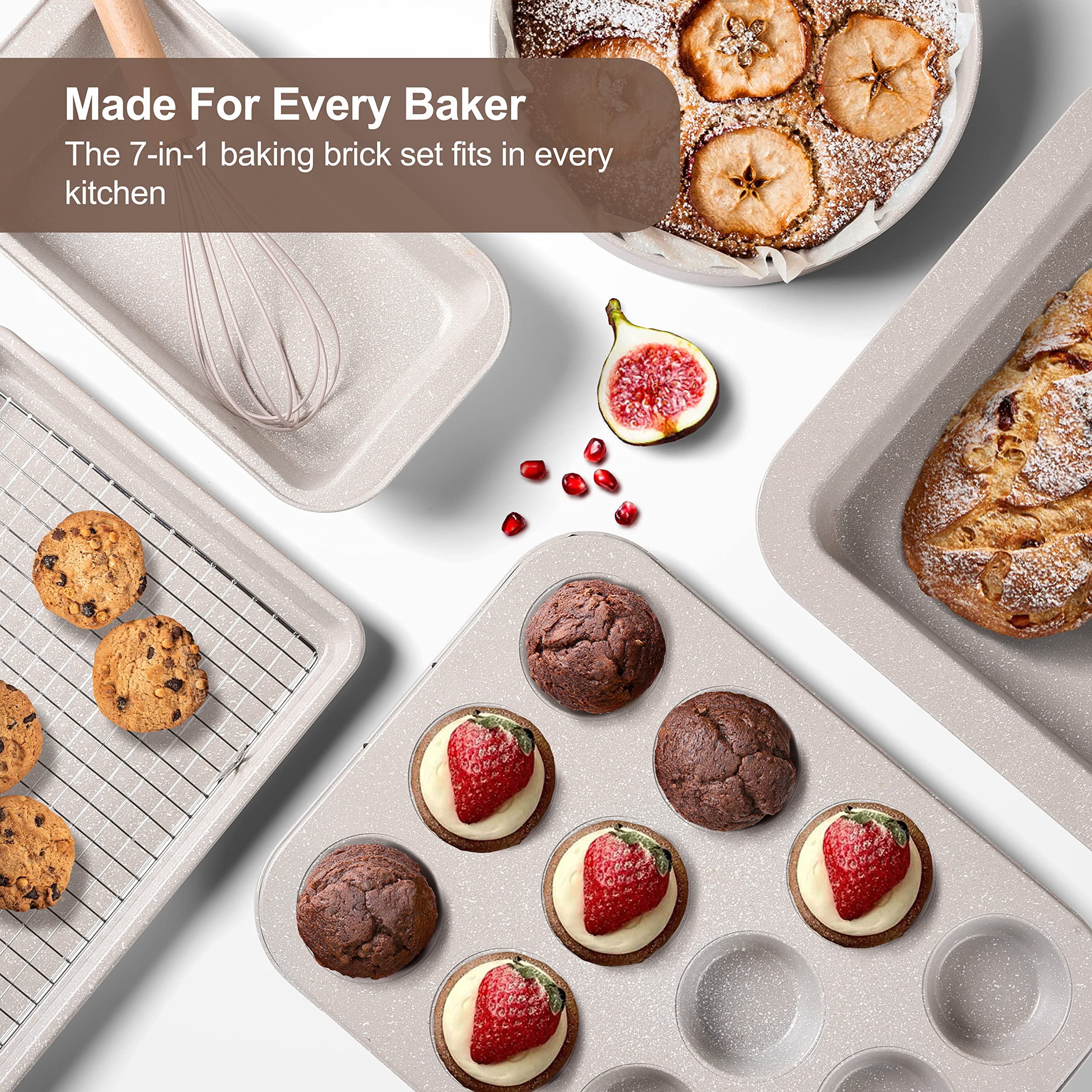 Nonstick Bakeware Set - 7 Piece Oven Bakeware With Cookie Sheet, Cake Pan, Loaf Pan, Muffin Pan, Roaster, Cooling Rack - Ptfe &