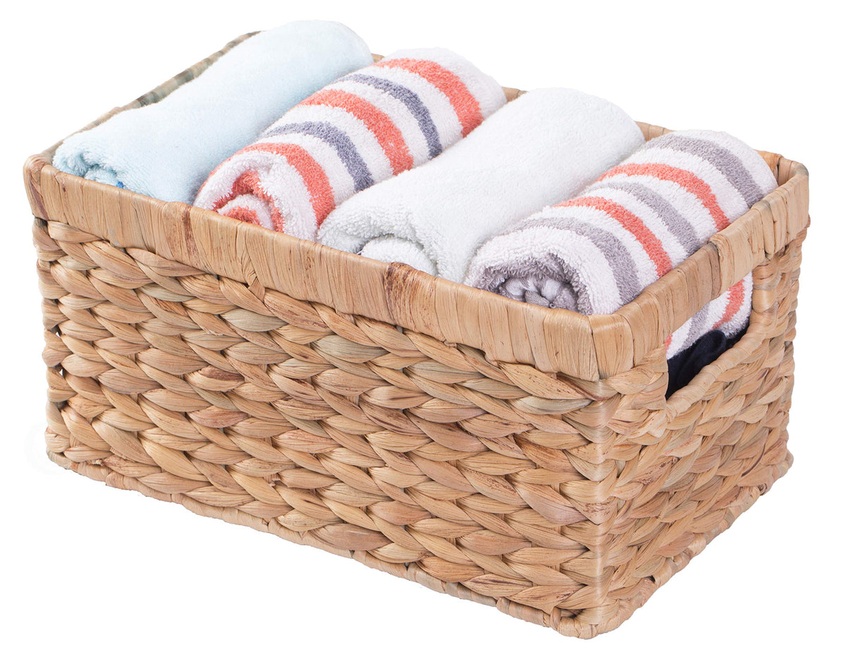 Natural Woven Water Hyacinth Wicker Rectangular Storage Bin Basket With Handles, Small