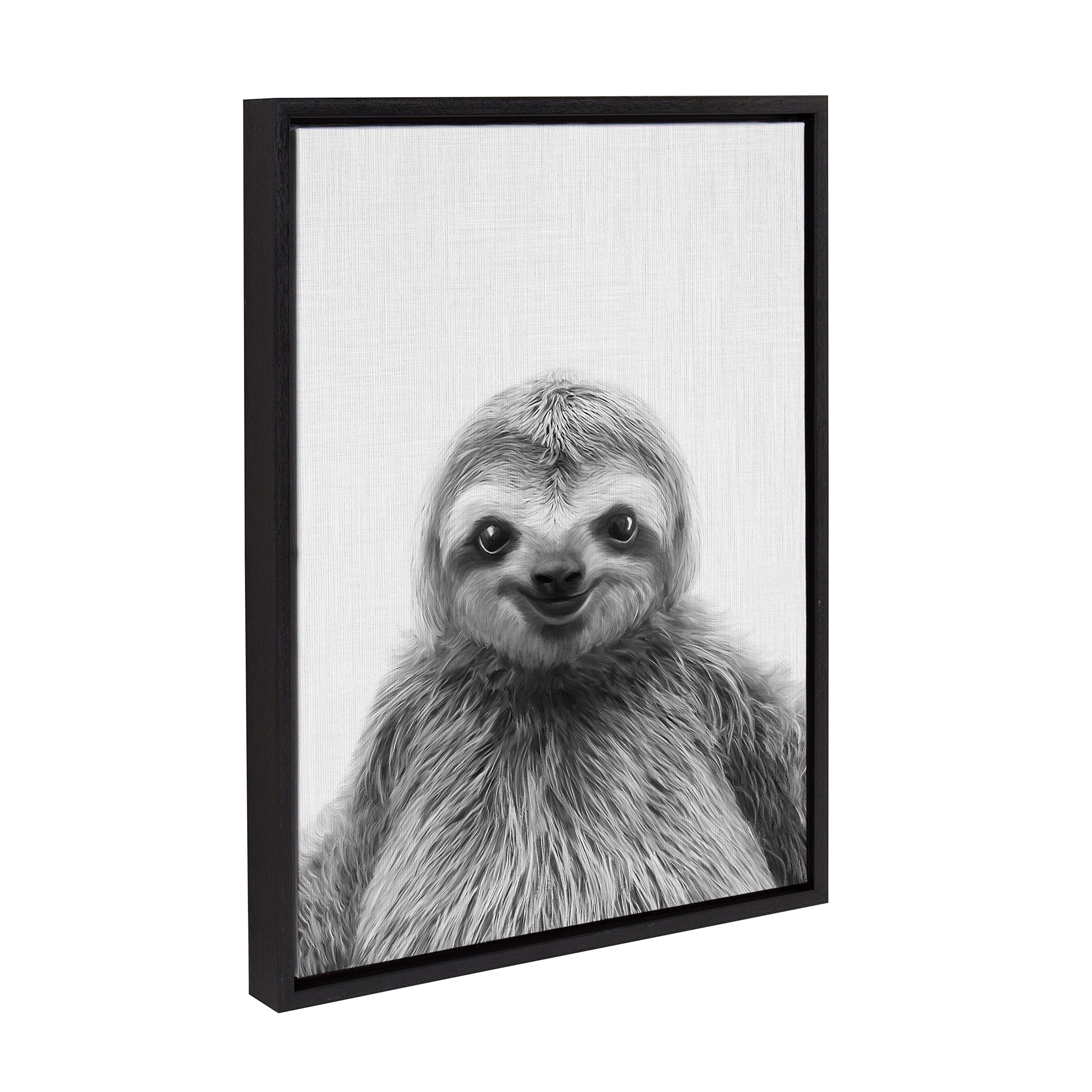Kate And Laurel Sylvie Sloth Black And White Portrait Framed Canvas Wall Art By Simon Te Tai, 18X24 Black