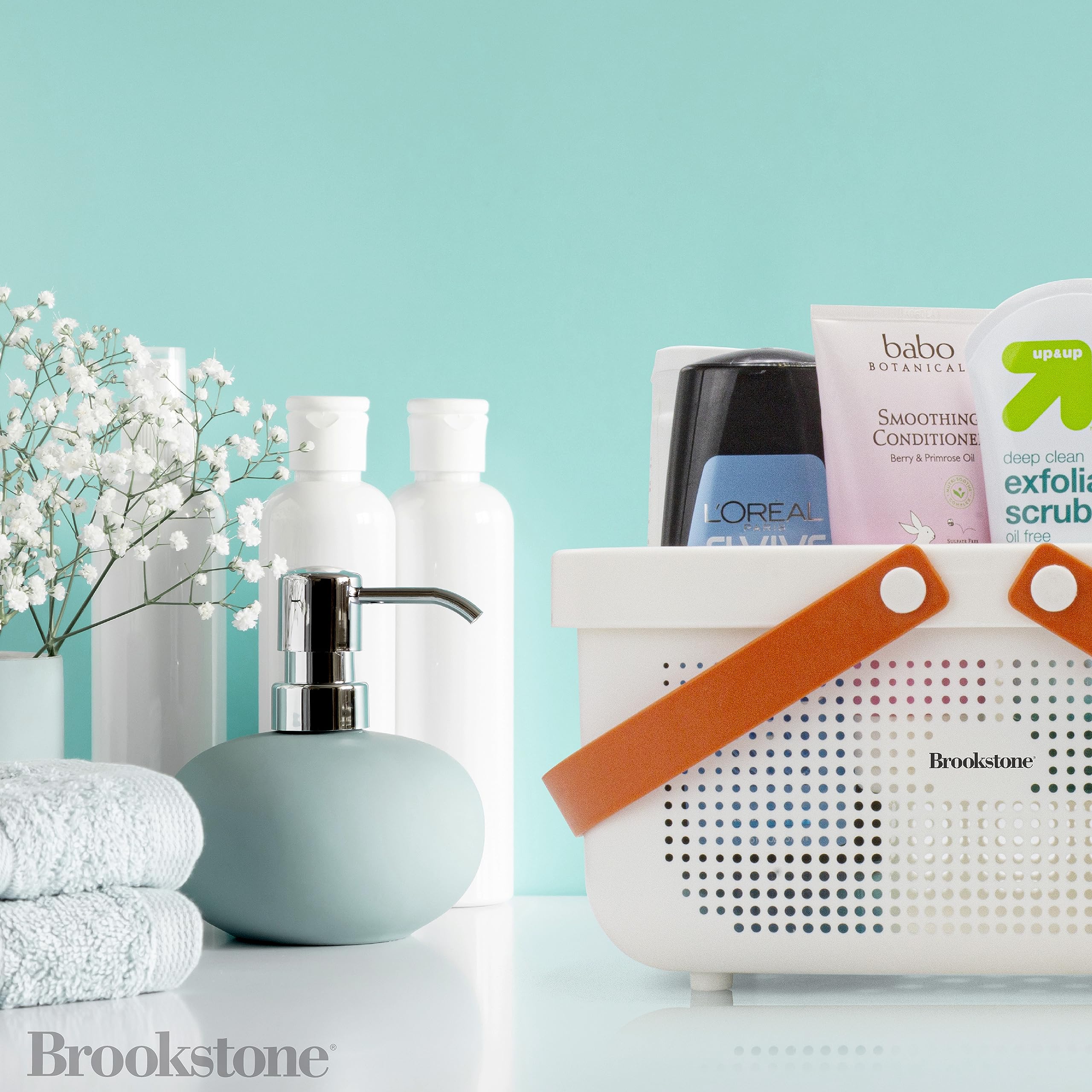 Brookstone Bkh1635, Large Portable Shower Caddy With Soft Silicone Carrying Handle, Bathroom Organizer Basket, Plastic Bath Tote