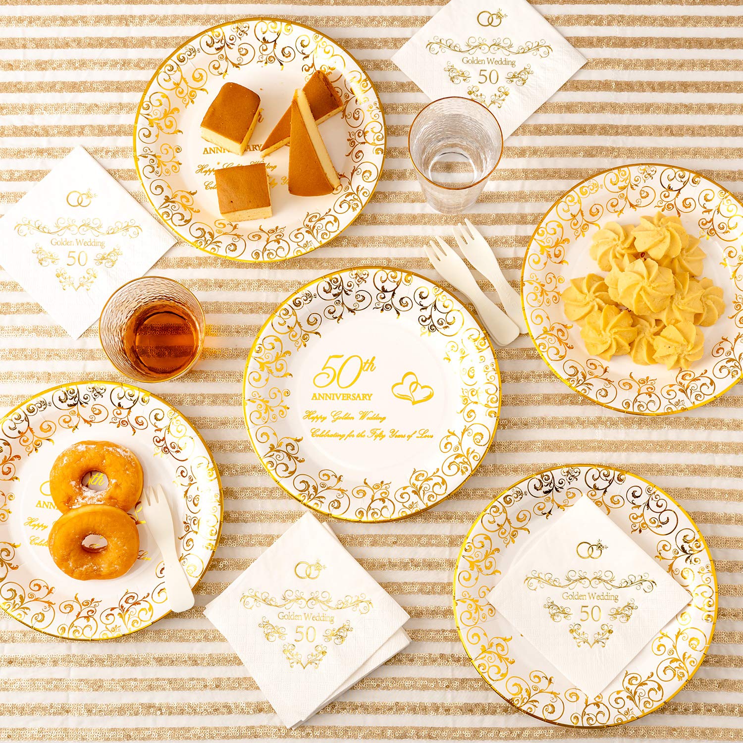 Crisky 50Th Anniversary Gold Plates, Golden Wedding Anniversary Party Decorations Dessert, Buffet, Cake Disposable Plates, Celeb
