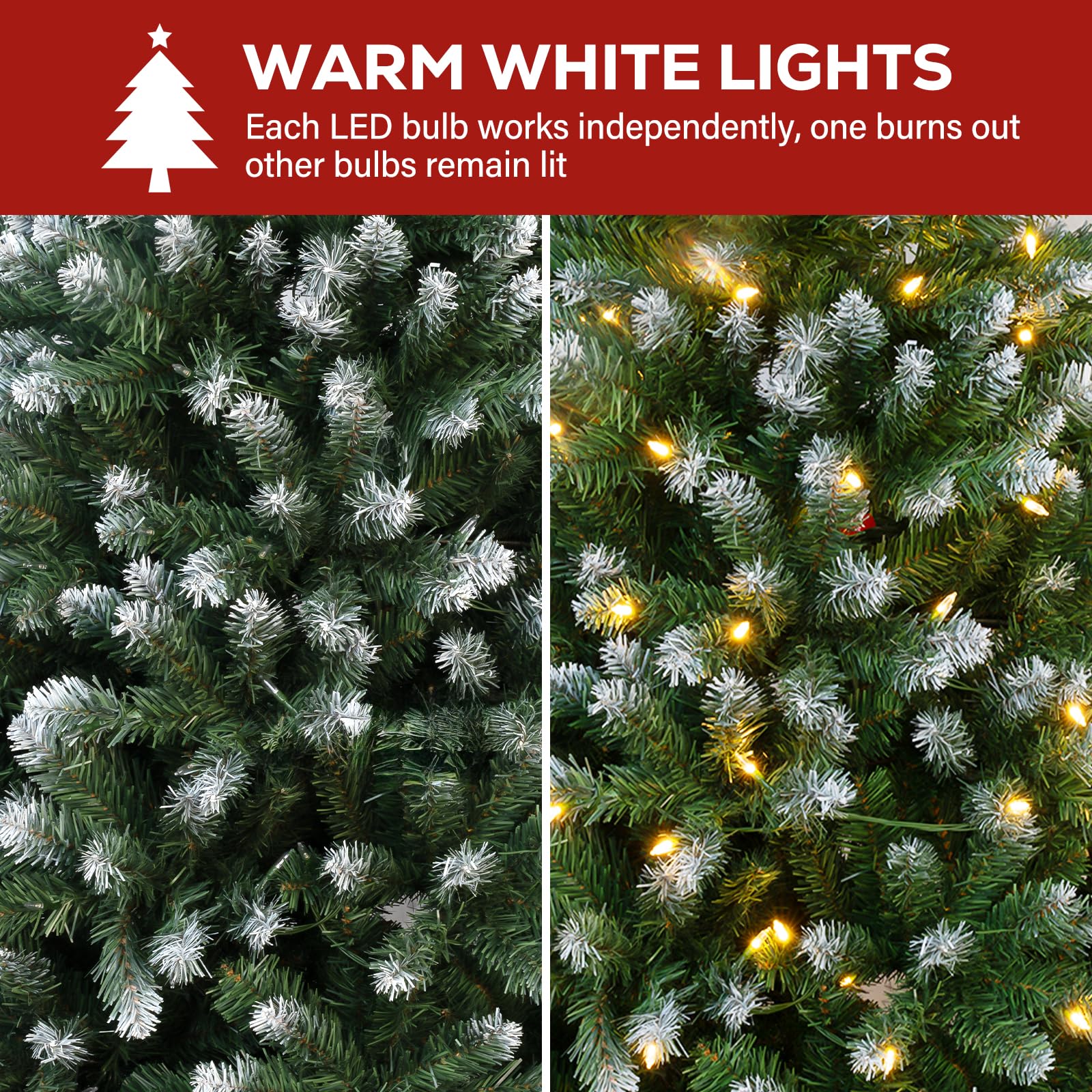 Hykolity 7.5 ft Prelit Christmas Tree, Artificial Christmas Tree with 350 Warm White Lights, 1446 Branch Tips, Metal Stand and H