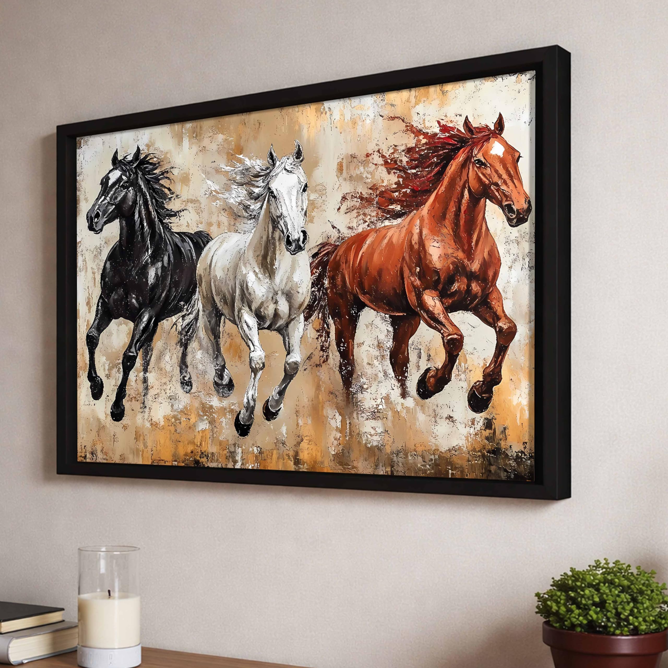 3 Running Horses Vastu Framed Wall Art Painting For Living Room|Three Horse Painting With Frame For Home & Office Dcor, 17X23 In