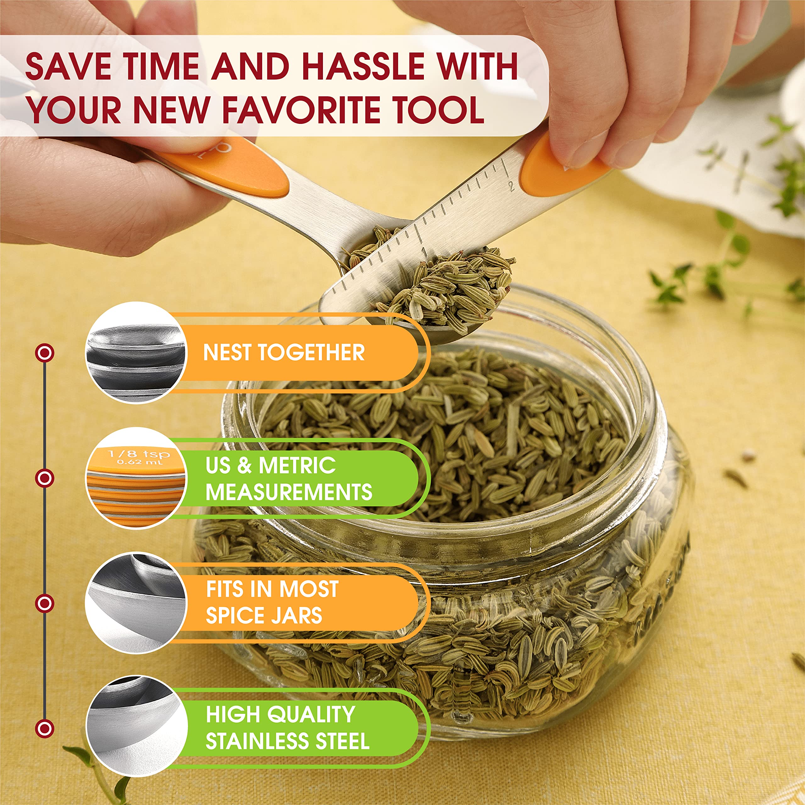 Spring Chef Stainless Steel Magnetic Measuring Spoons Set Of 8 With Leveler, Dual Sided Metal Teaspoon & Tablespoon Measuring Sp