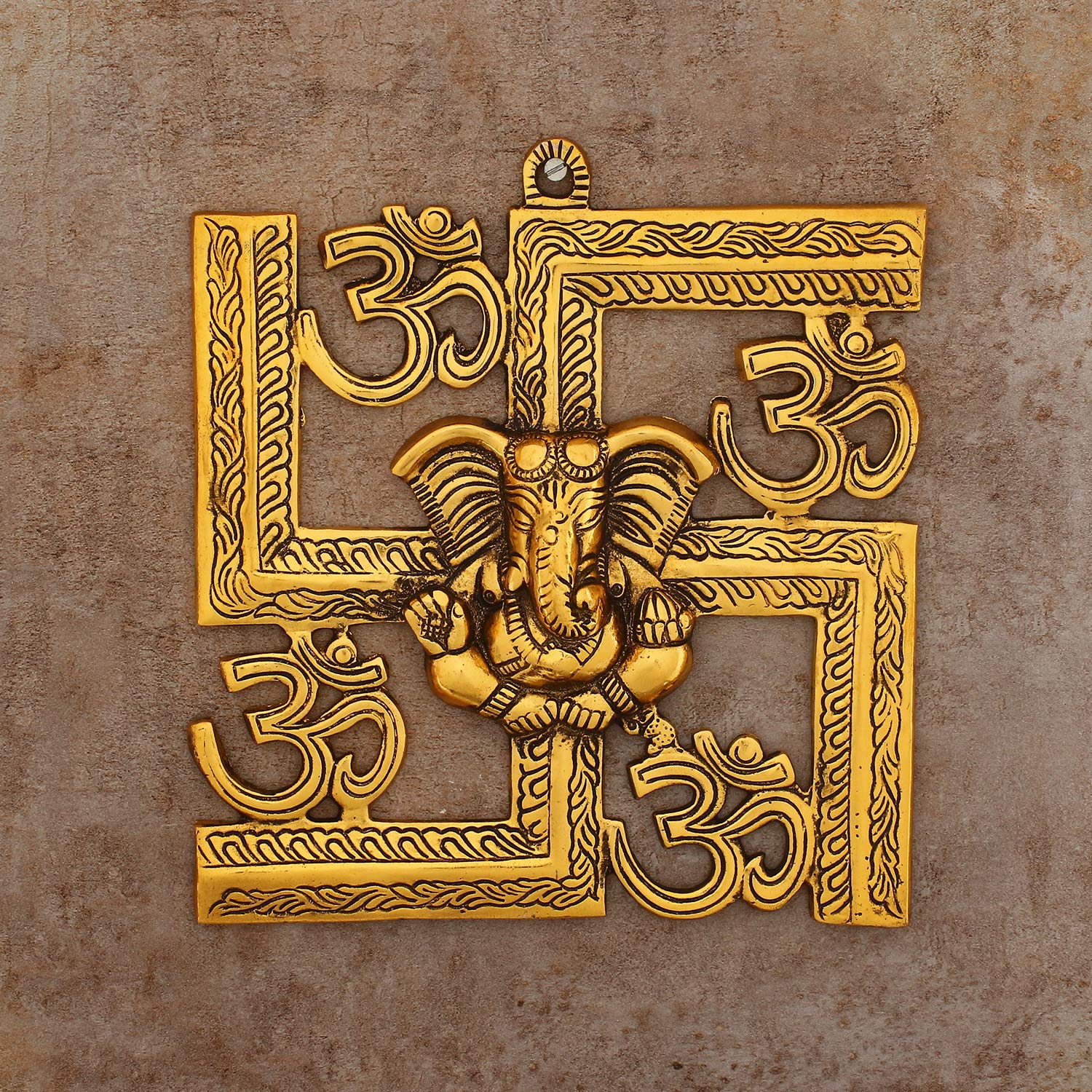 Ecraftindia Lord Ganesha On Om Swastik Metal Golden Wall Hanging