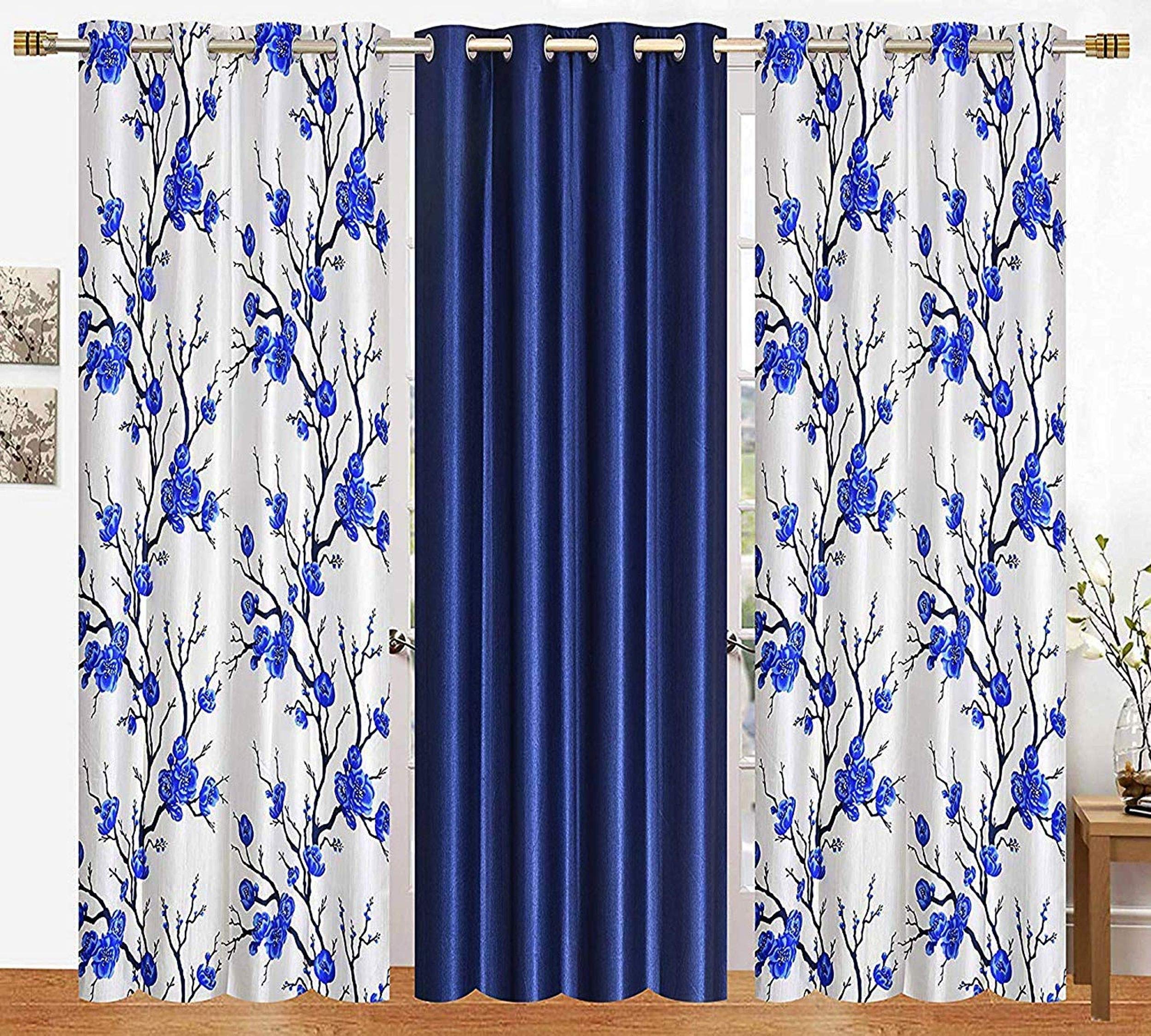 Galaxy Home Decor Combination Polyester Floral 7 feet Curtains for Door (Blue) - 3 Piece