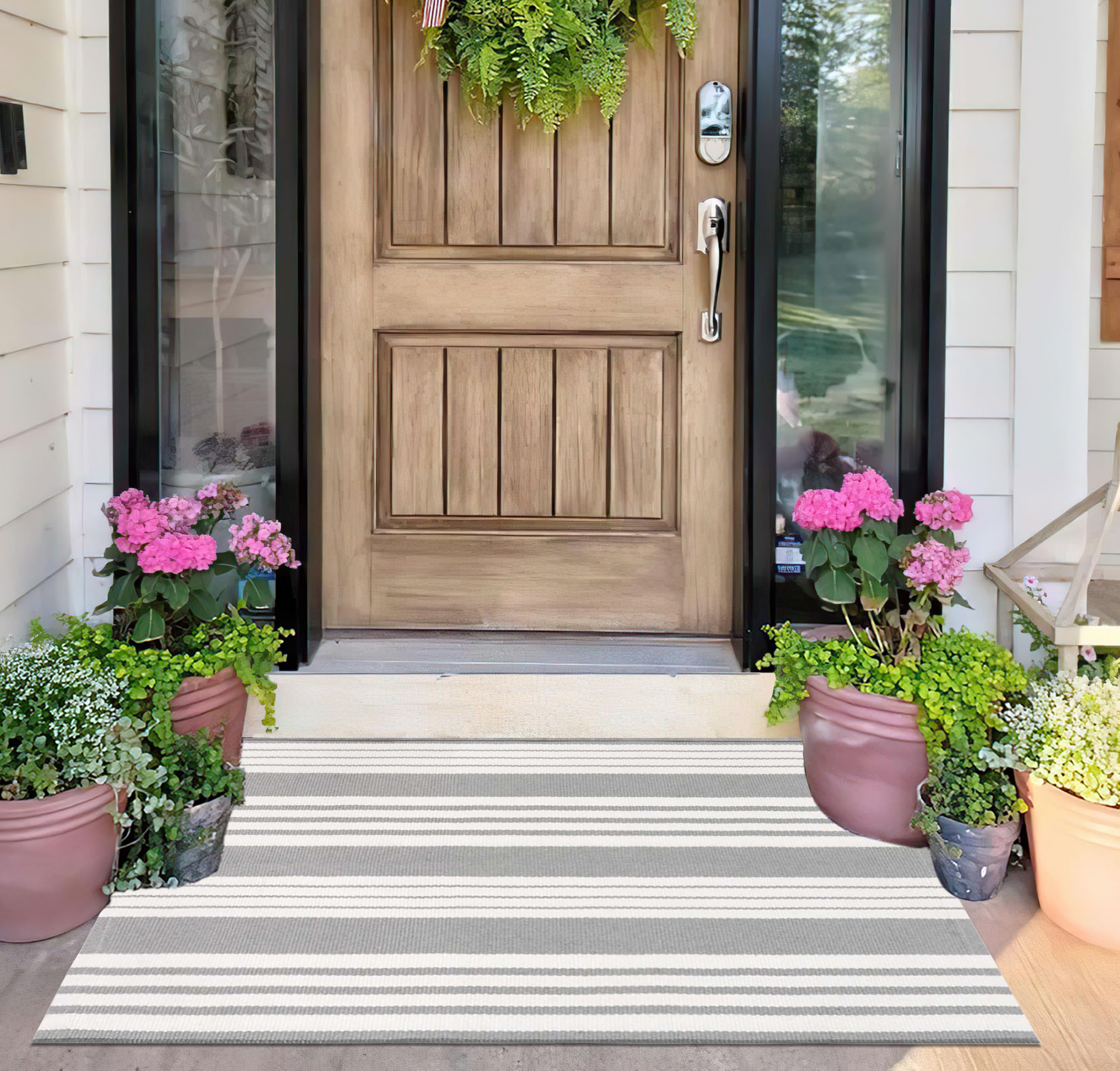Grey and White Striped Doormat 24 x 35 Front Porch Rug Machine Washable Indoor Outdoor Doormat for Front Porch Hand-Woven En