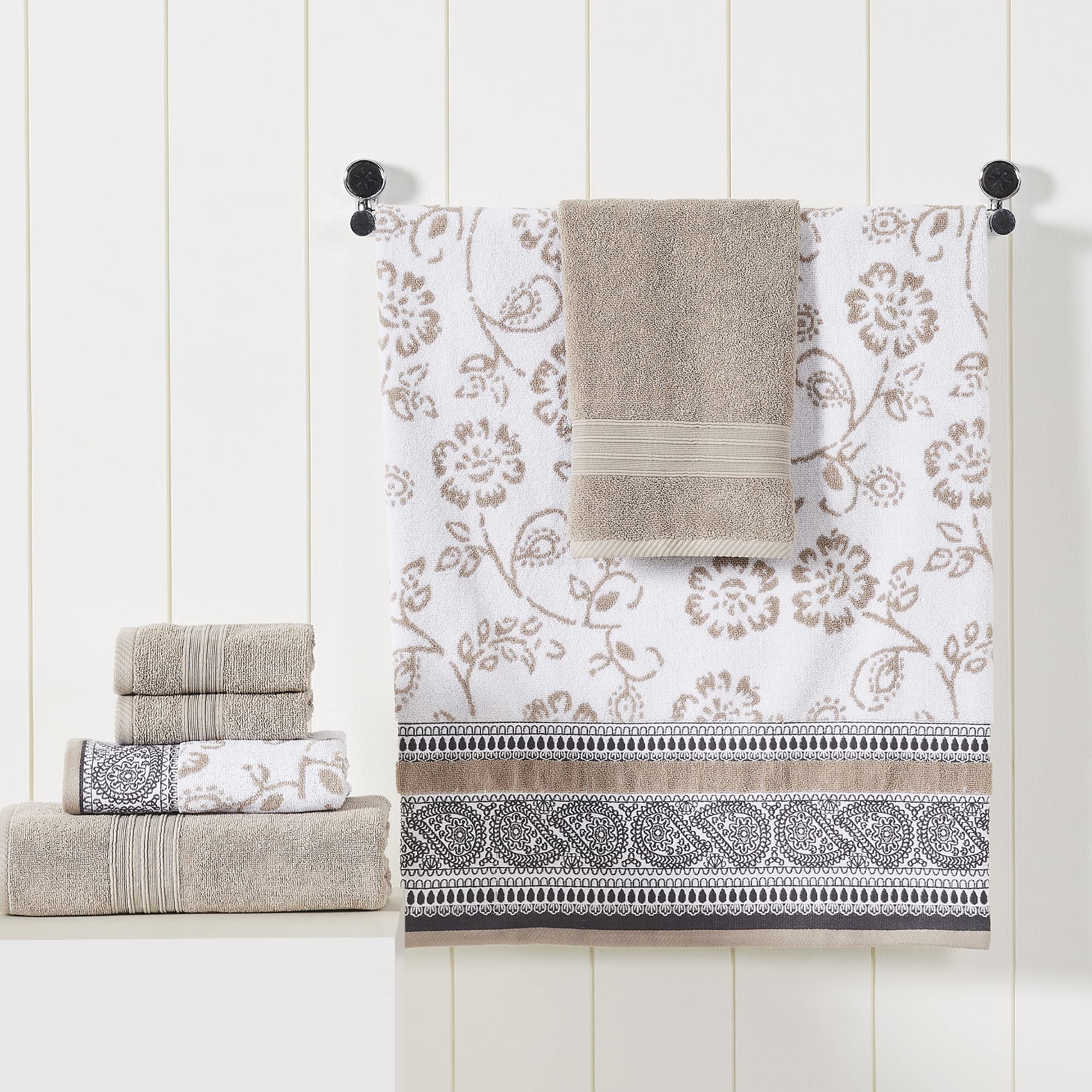 Modern Threads 6 Piece Set, 2 Bath Towels, 2 Hand Towels, 2 Washcloths Yarn Dyed Jacquard/Solid Towel Set Ophelia Fawn