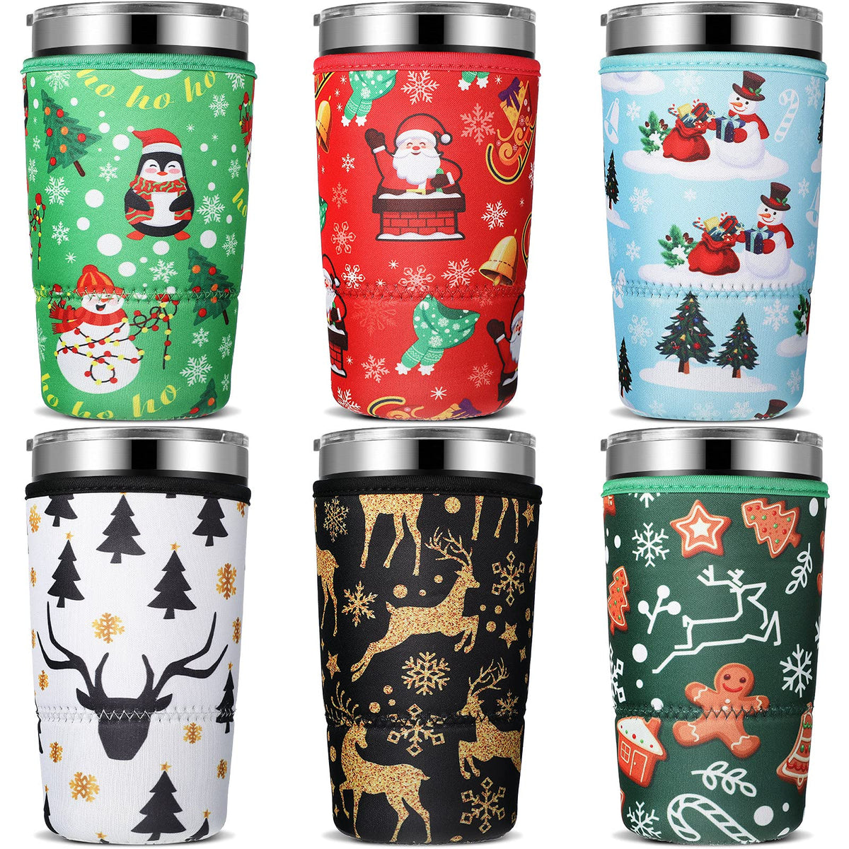 6 Pieces Christmas Coffee Sleeve Gingerbread Man Santa Coffee Cup Sleeves Neoprene Iced Coffee Sleeve Xmas Insulator Sleeve Cup