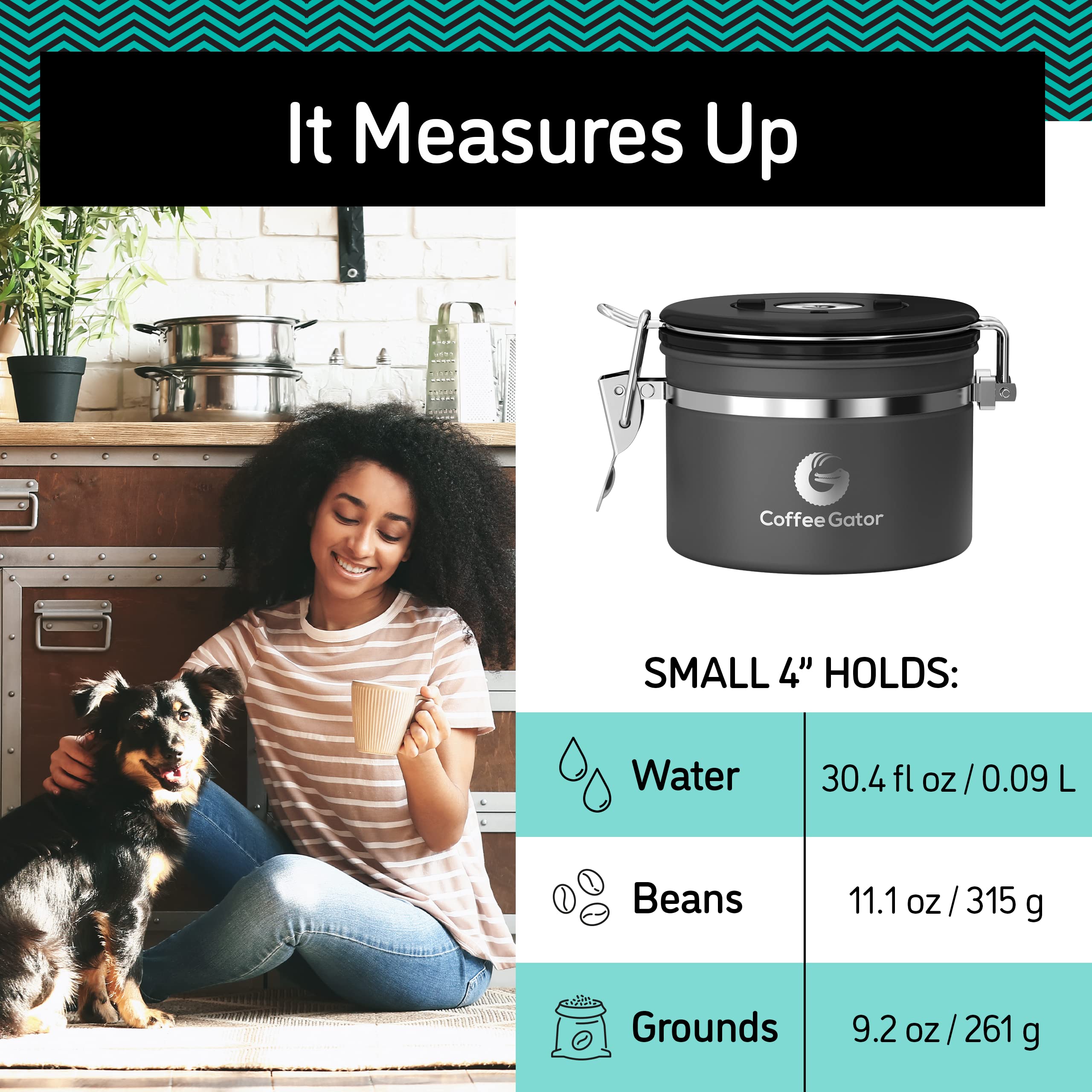 Coffee Gator Stainless Steel Canister - Small 11Oz, Silver Coffee Grounds And Beans Container With Date-Tracker, Co2-Release Val
