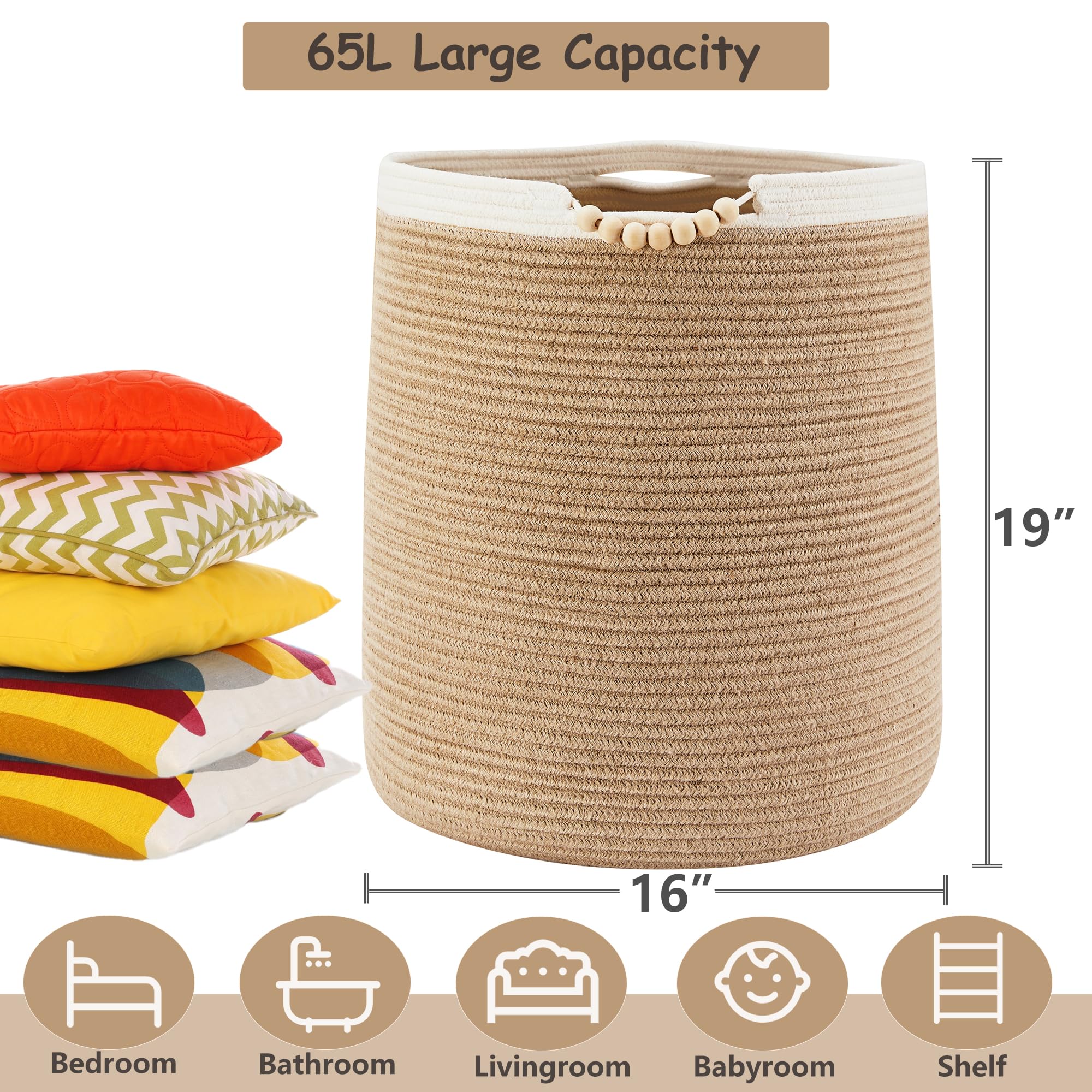 Enaorgan 65L Woven Jute Laundry Hamper Basket For Clothes Boho Wicker Rope Baskets For Blanket In Living Room Bedroom Baby Nurse