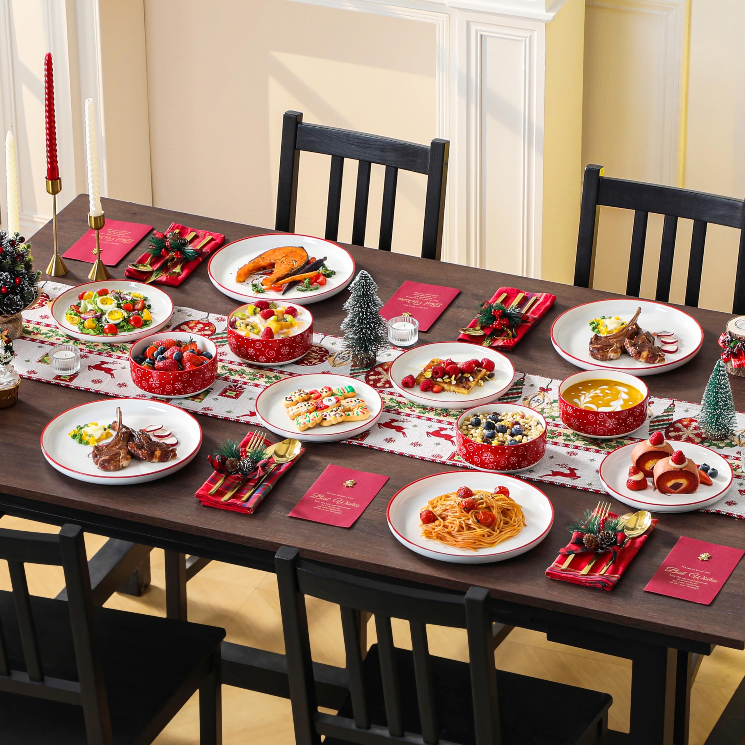 MALACASA Plates and Bowls Sets, 12 Pieces Christmas Porcelain Dinnerware Set for 4, Ceramic Dishware Dishes Kitchen Dining Ware