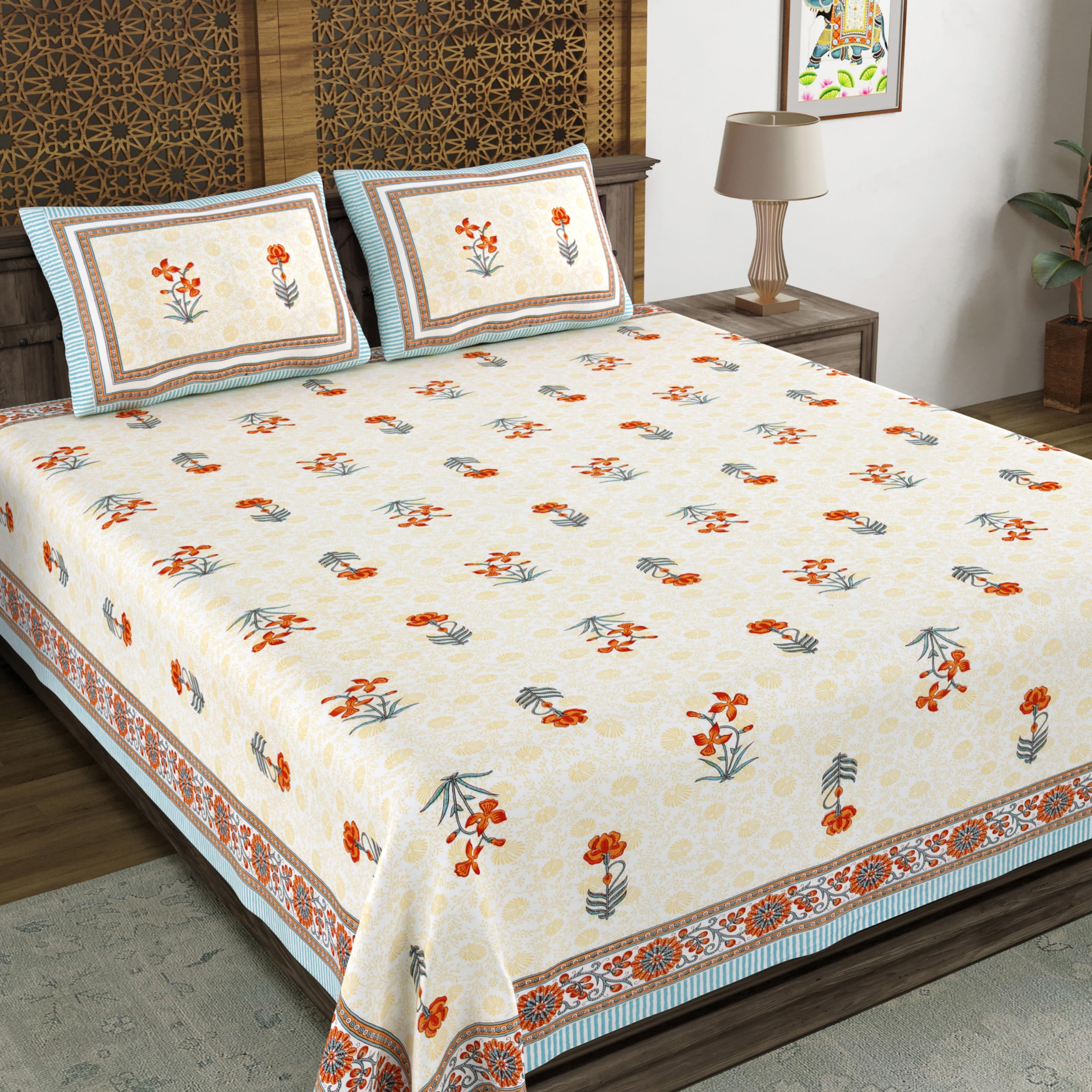 Blocks Of India Hand Block Printed 200 Tc Cotton King Size Bedsheet (Grey Orange Flower)