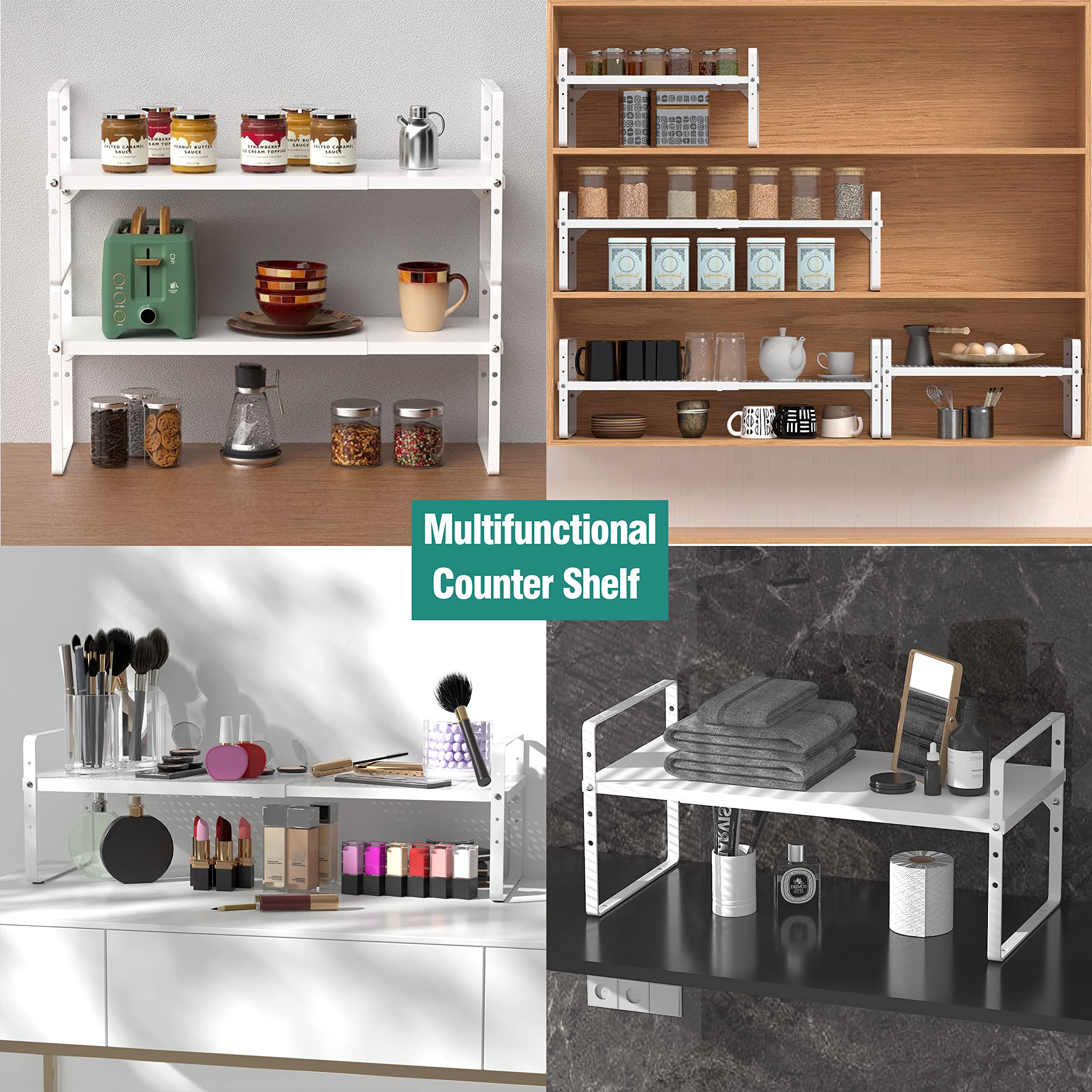 Expandable Cabinet Organizer Shelf, Stackable Kitchen Counter Shelf Heavy Duty Metal Spice Rack Organizer For Cabinet Kitchen Co
