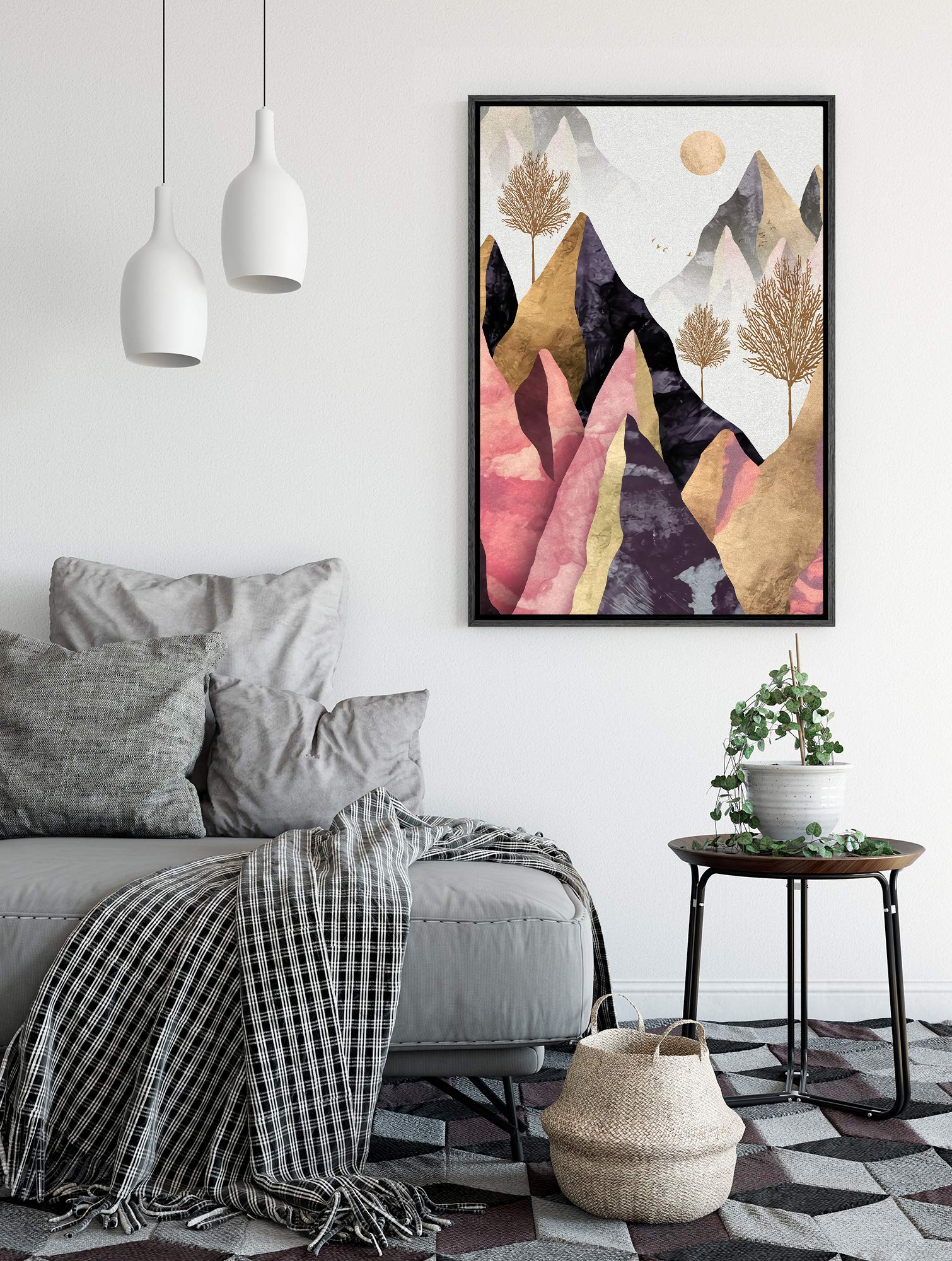 Signford Framed Canvas Print Wall Art Two-Tone Mountains With Gold Trees & Sun Abstract Wilderness Illustrations Modern Art Cont