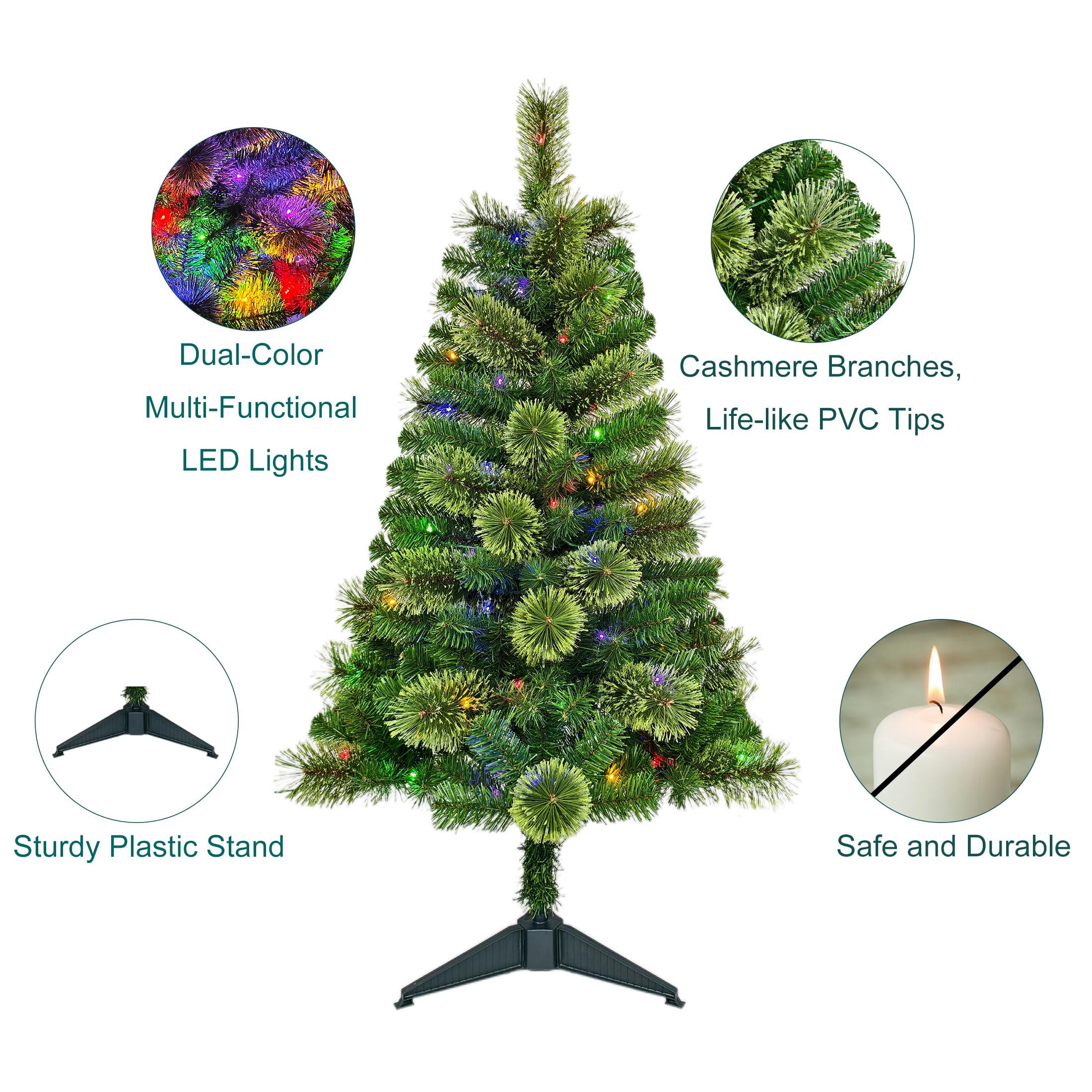 Assilyraft 4FT Pre-Lit Artificial Christmas Tree with 70 LED Lights, 4 Light Modes, 189 Tips, PVC Cashmere Branches, Plastic Sta