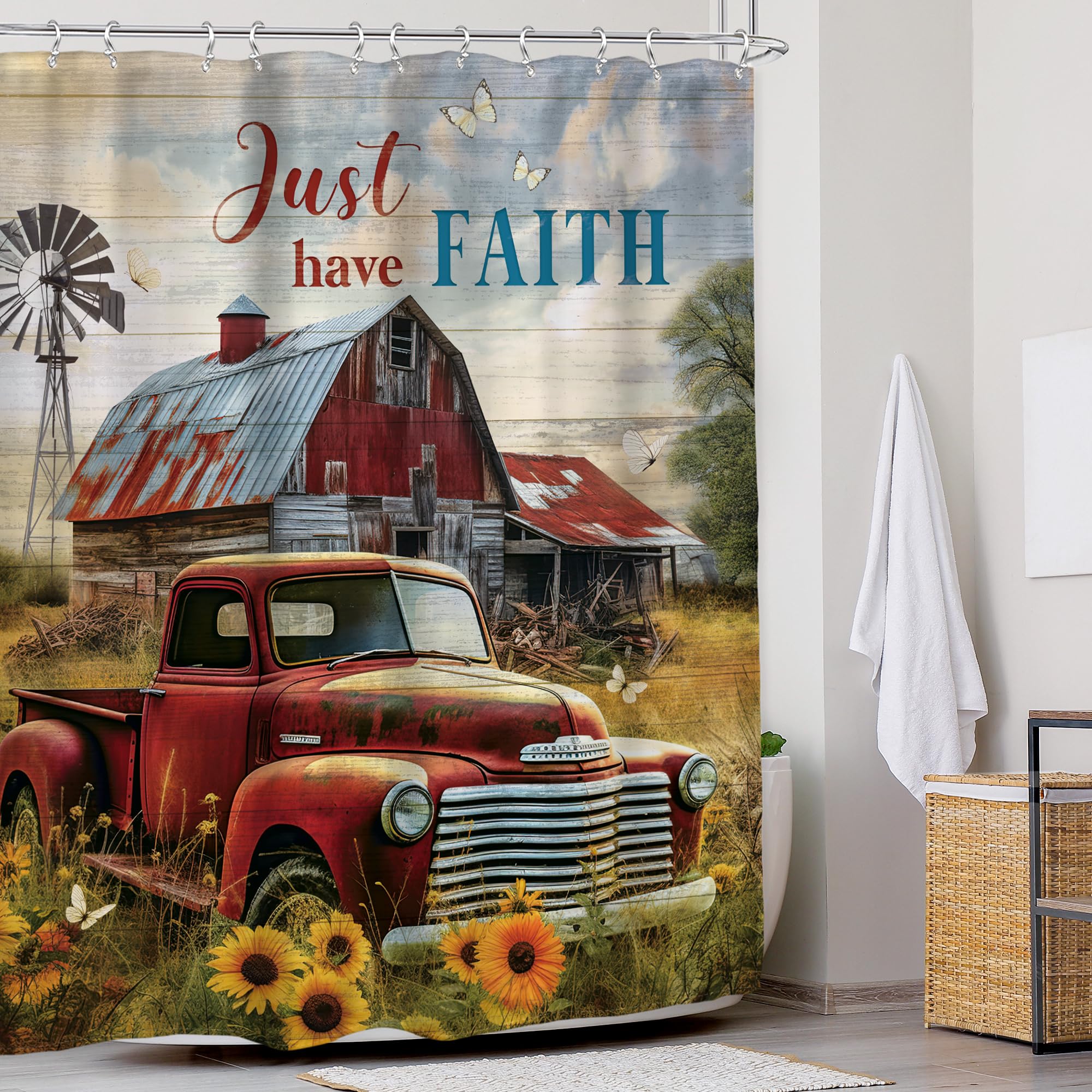Glawry Rustic Farmhouse Shower Curtain 60Wx72L Inches Retro Red Truck Positive Quote Vintage Sunflowers Wooden Western Farm Coun