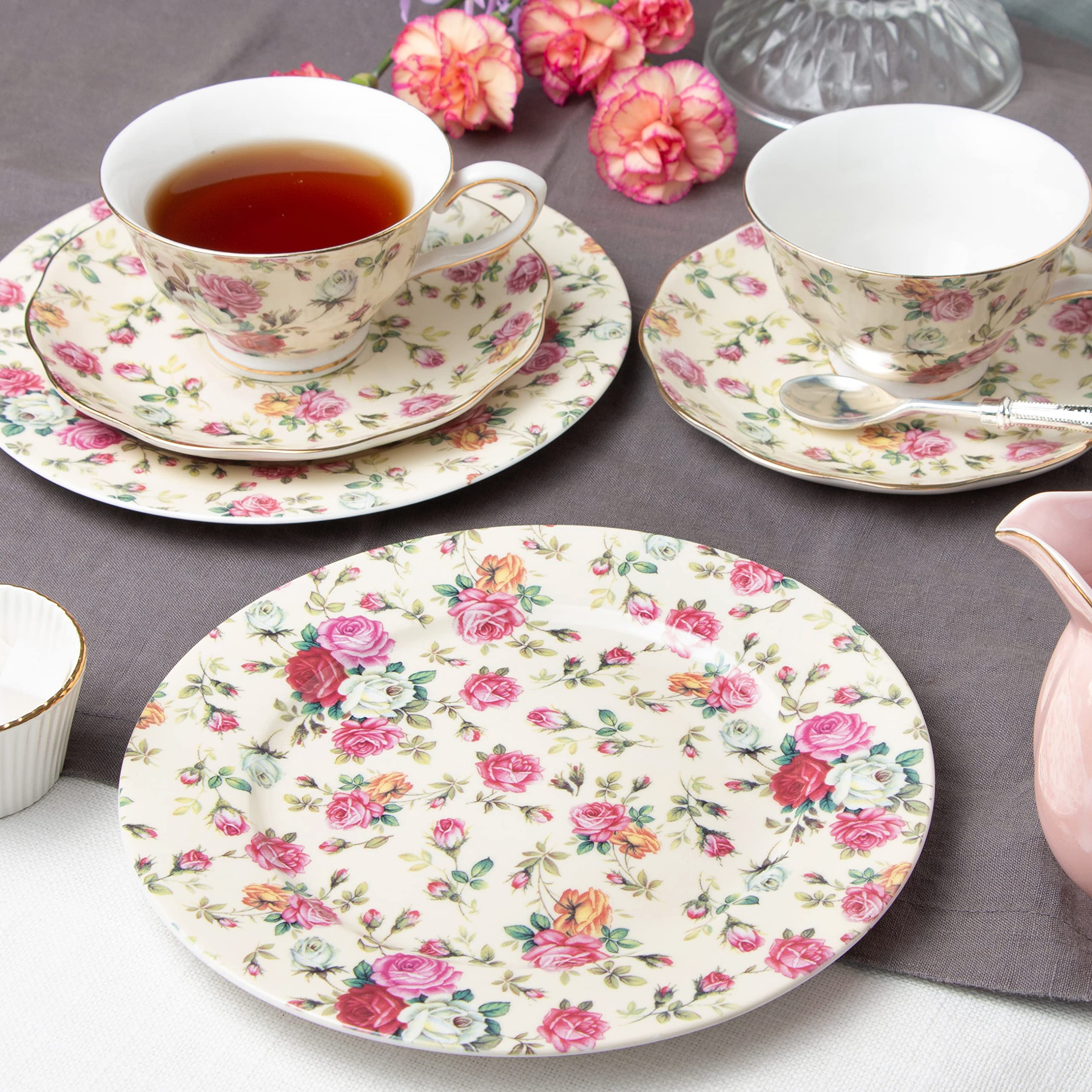 Gracie China By Coastline Imports Cream Rose Chintz All Over Set Of 4 Dessert Salad Plates, 8-Inch, Pink Yellow