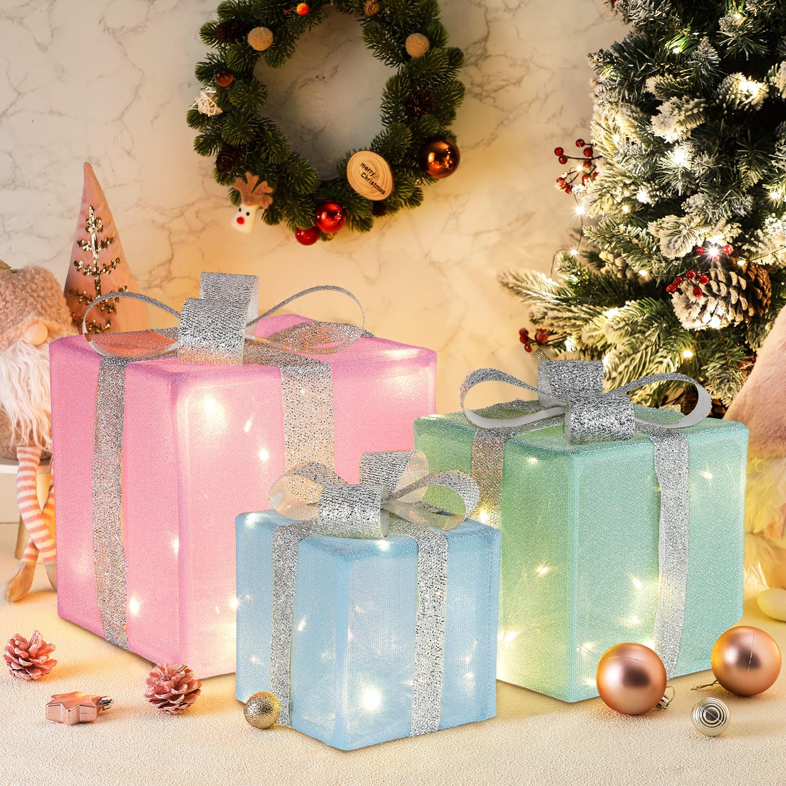 Threehoney 3 Pcs Pastel Christmas Lighted Gift Boxes Decoration Light up Present Christmas Packages with 8 Lighting Modes Candy 