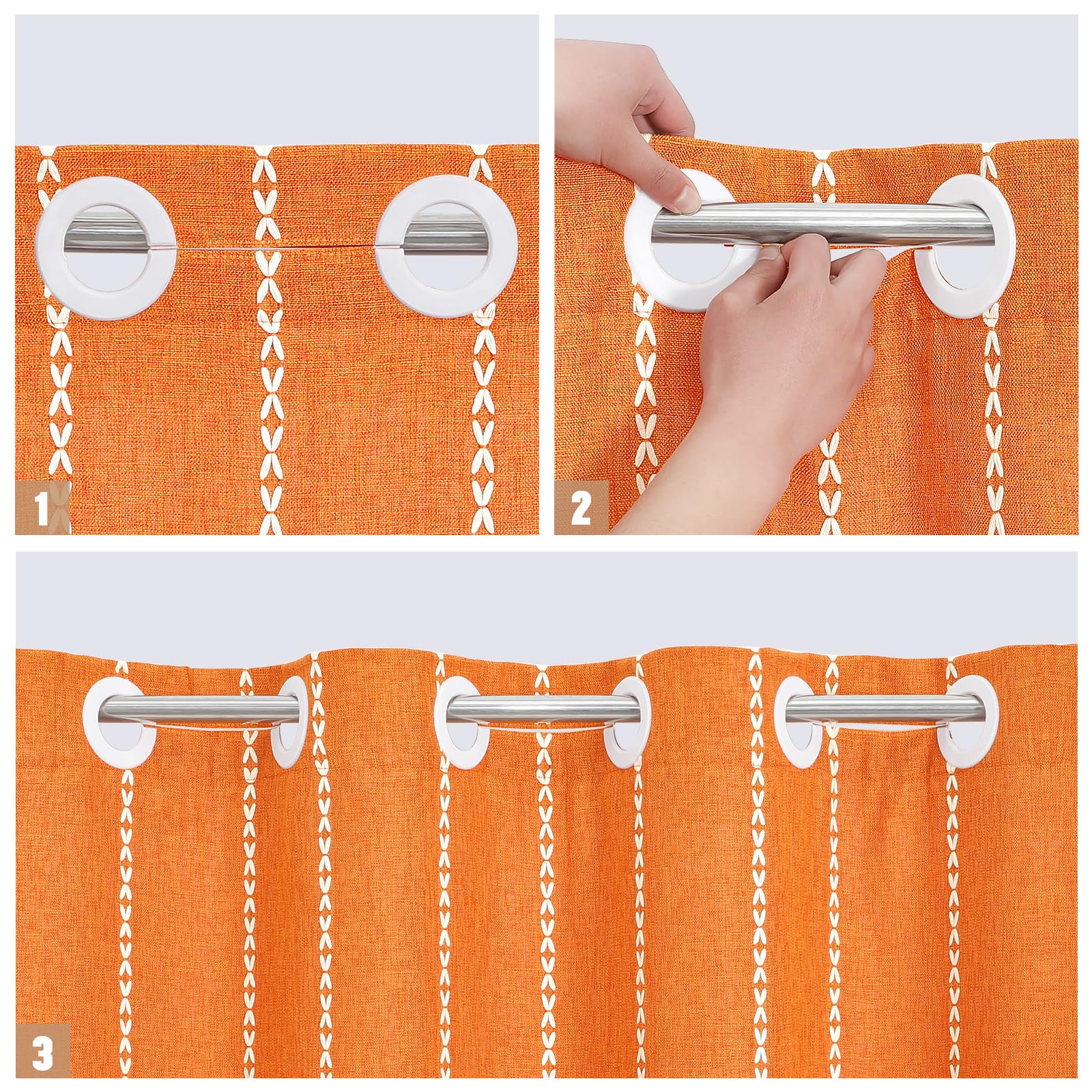 Mitovilla No Hooks Required Orange Boho Shower Curtain With Snap-In Liner, Farmhouse Cotton Linen Fabric Shower Curtains With Ta