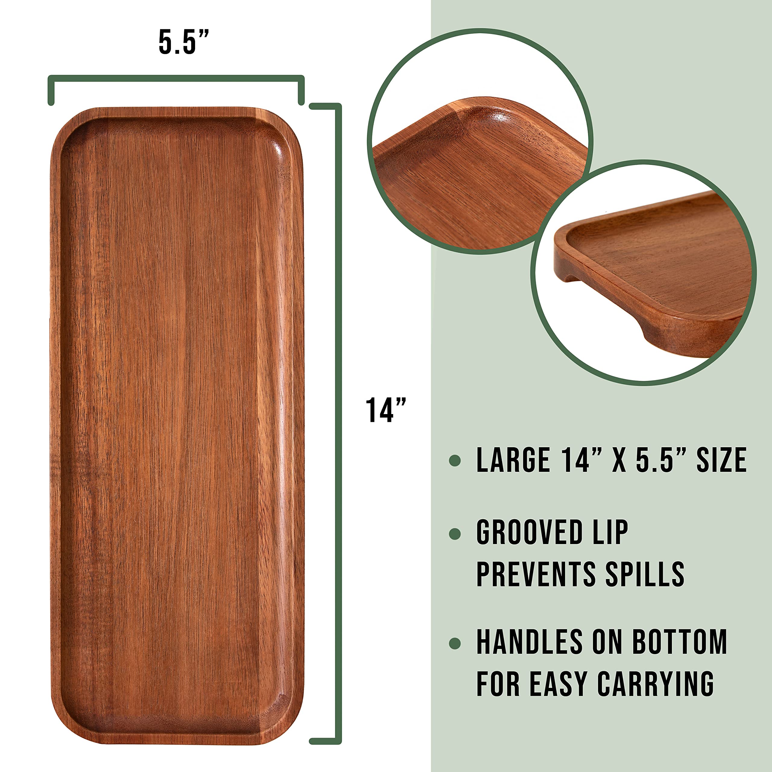 Solid Acacia Wood Serving Trays (14 X 5.5 Inches) Rectangular Wooden Large Serving Platters For Food, Wooden Tray For Charcuteri
