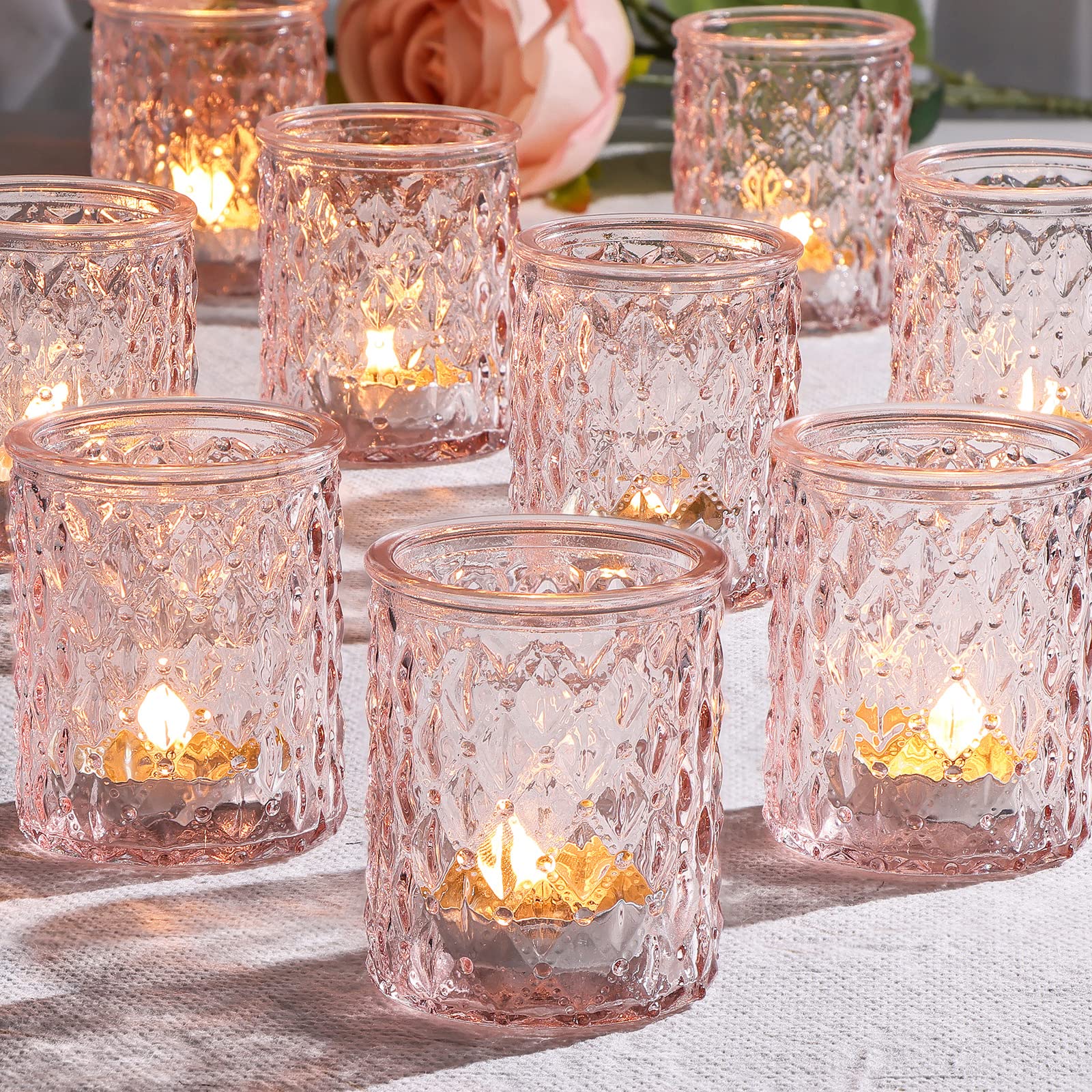 NITIME 12pcs Pink Votive Candle Holders, Tealight Candle Holder for Mother s Day, Baby Shower Decorations for Girl, Glass Candl