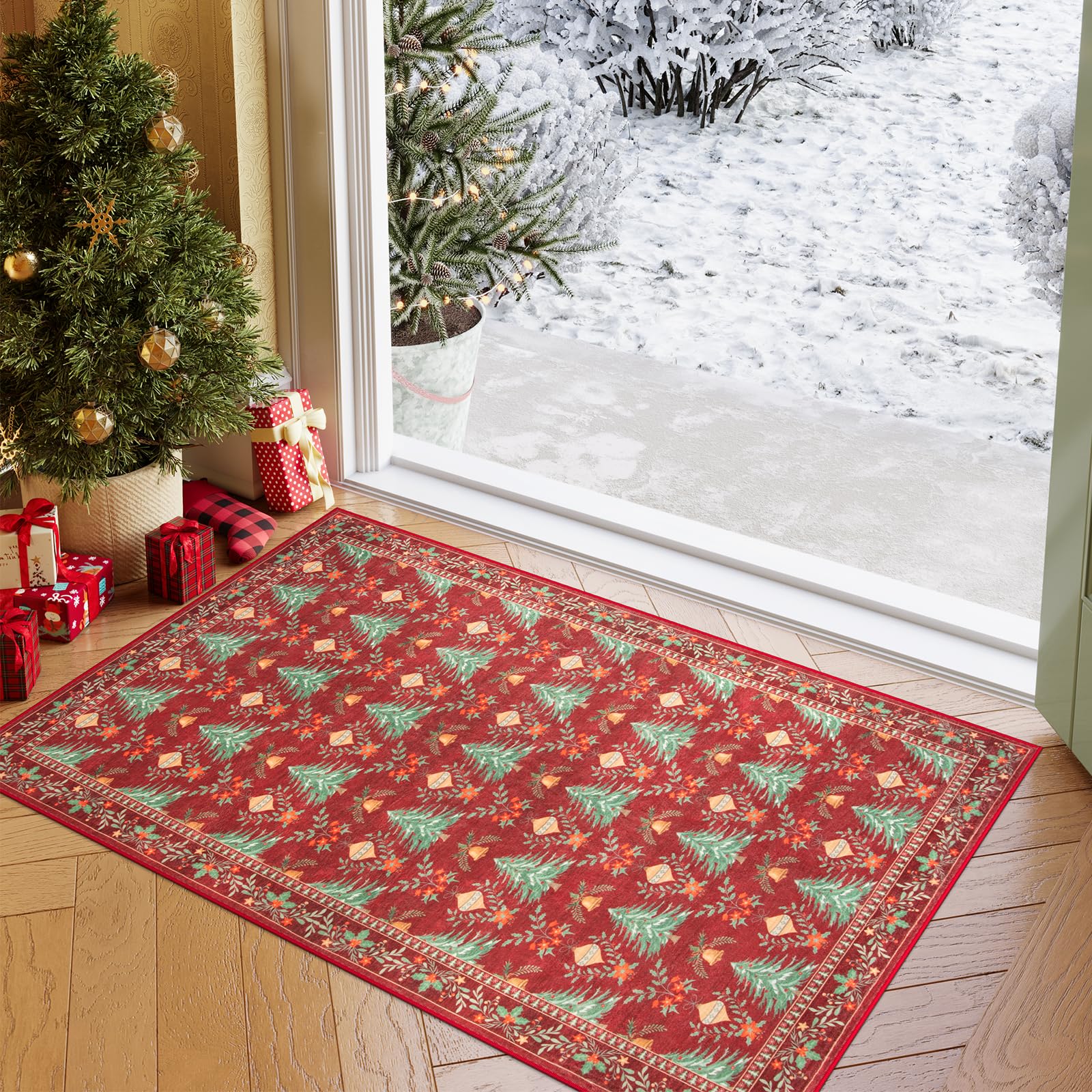 Yuemasi Christmas Entryway Rug 2x3, Red Washable Christmas Door Mat Indoor Kitchen Rug, Xmas Tree Pattern Print Throw Rugs, Cozy