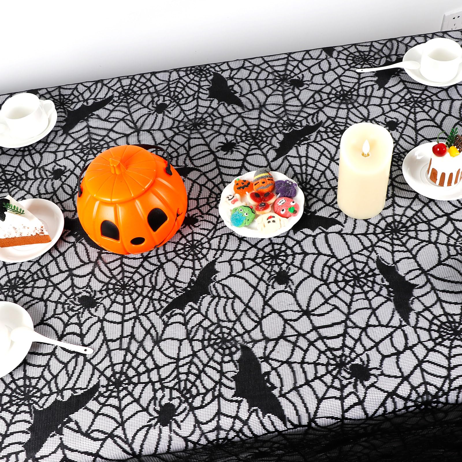 OurWarm Halloween Tablecloth, Rectangular Polyester Lace Tablecloth Black Spider Web Tablecover for Scary Movie Nights Halloween