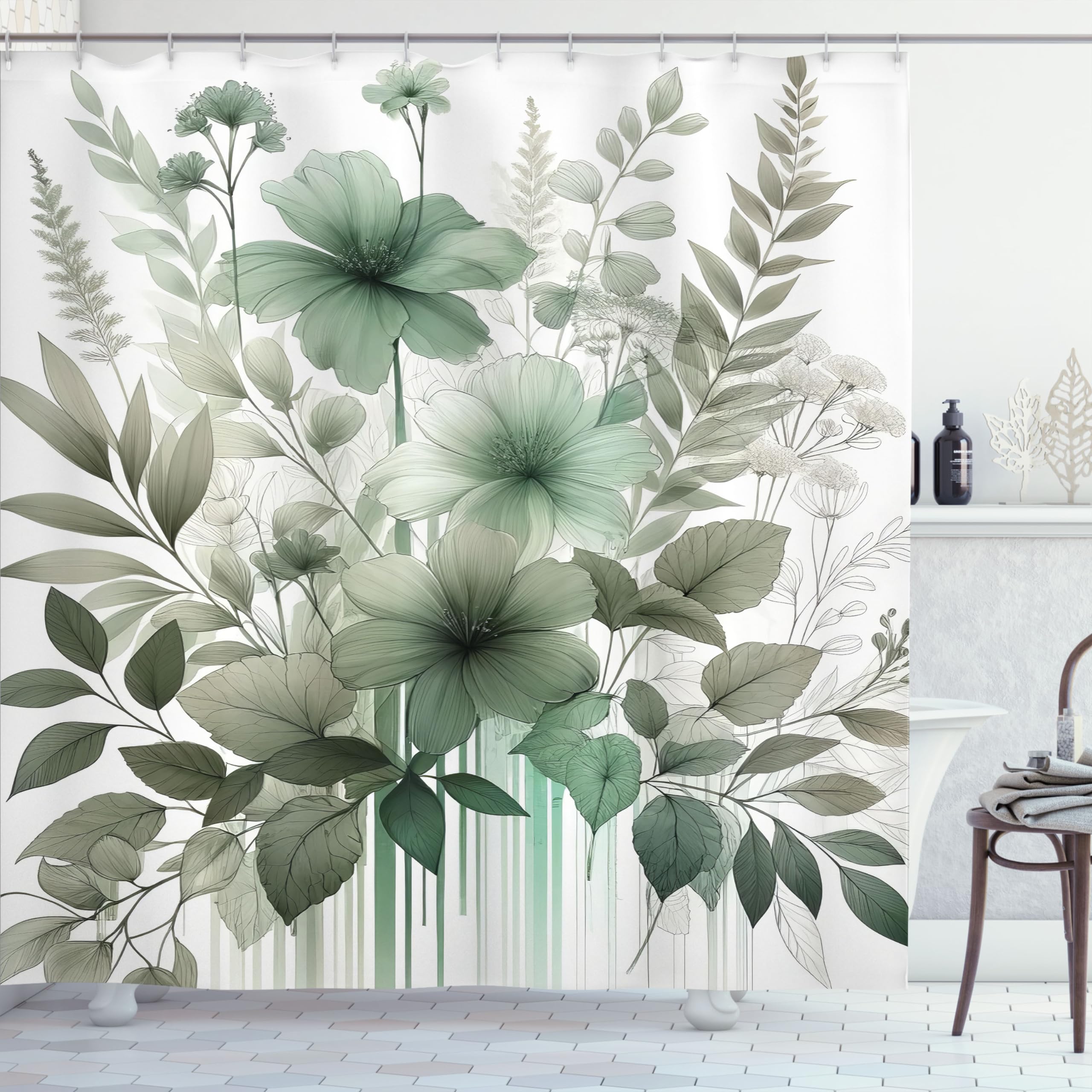 Ambesonne Sage Green Shower Curtain, Nostalgia Tones Delicate Petal Flowers Jumble And Leaves With Stripes, Cloth Fabric Bathroo