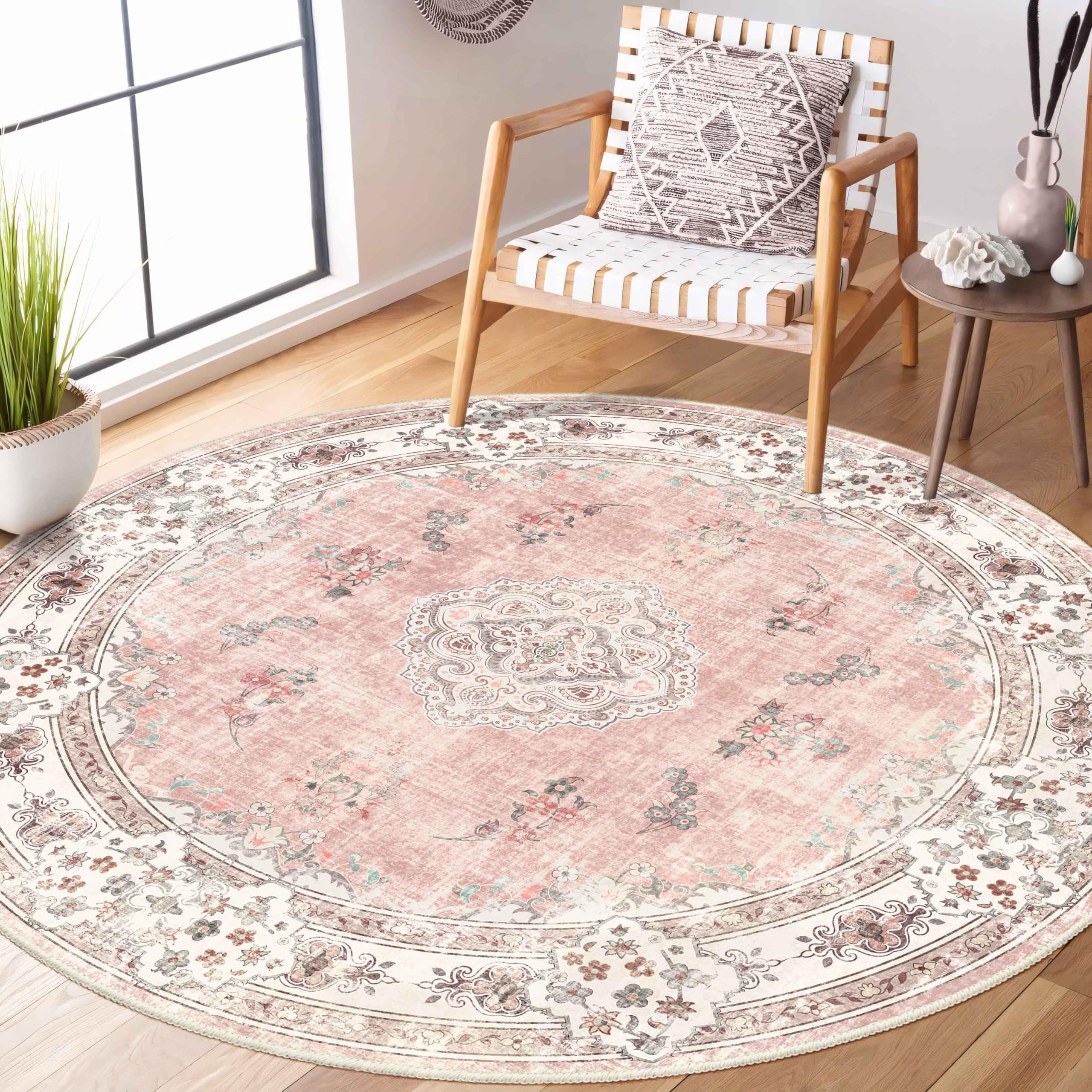 MUJOO Pink Round Rug 5ft,Circle Washable Area Rugs for Bedroom Living Room Bathroom,Boho Large Non Slip Circular Carpet,Blush Fl