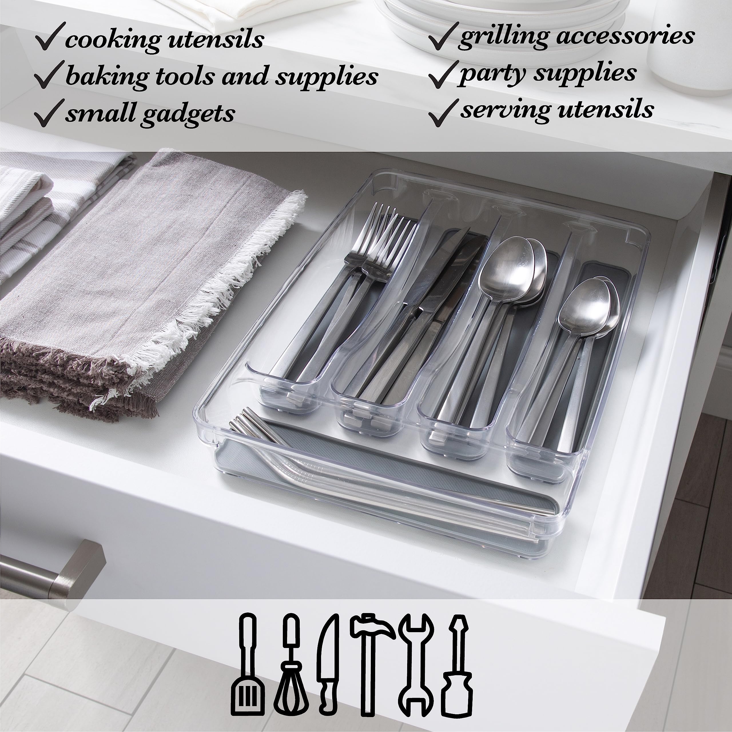 Kitchen Details Utensil and Cutlery Drawer Organizer, 5 Compartment, Clear Plastic, Model 23195