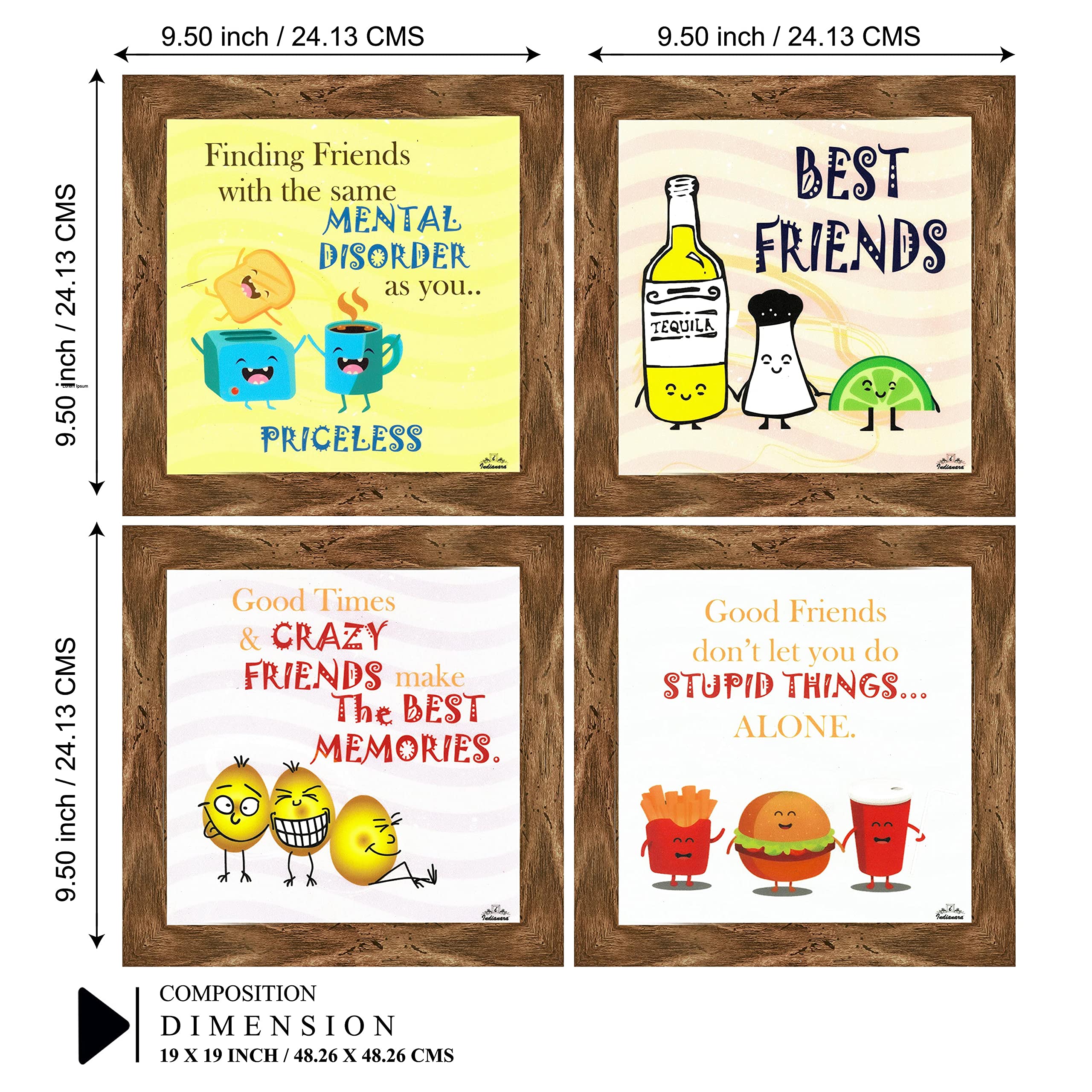 Indianara Set Of 4 Quirky Friends Quote Framed Wall Hanging Laminated Paintings Matt Art Prints 9.5 Inch X 9.5 Inch (Multicolour