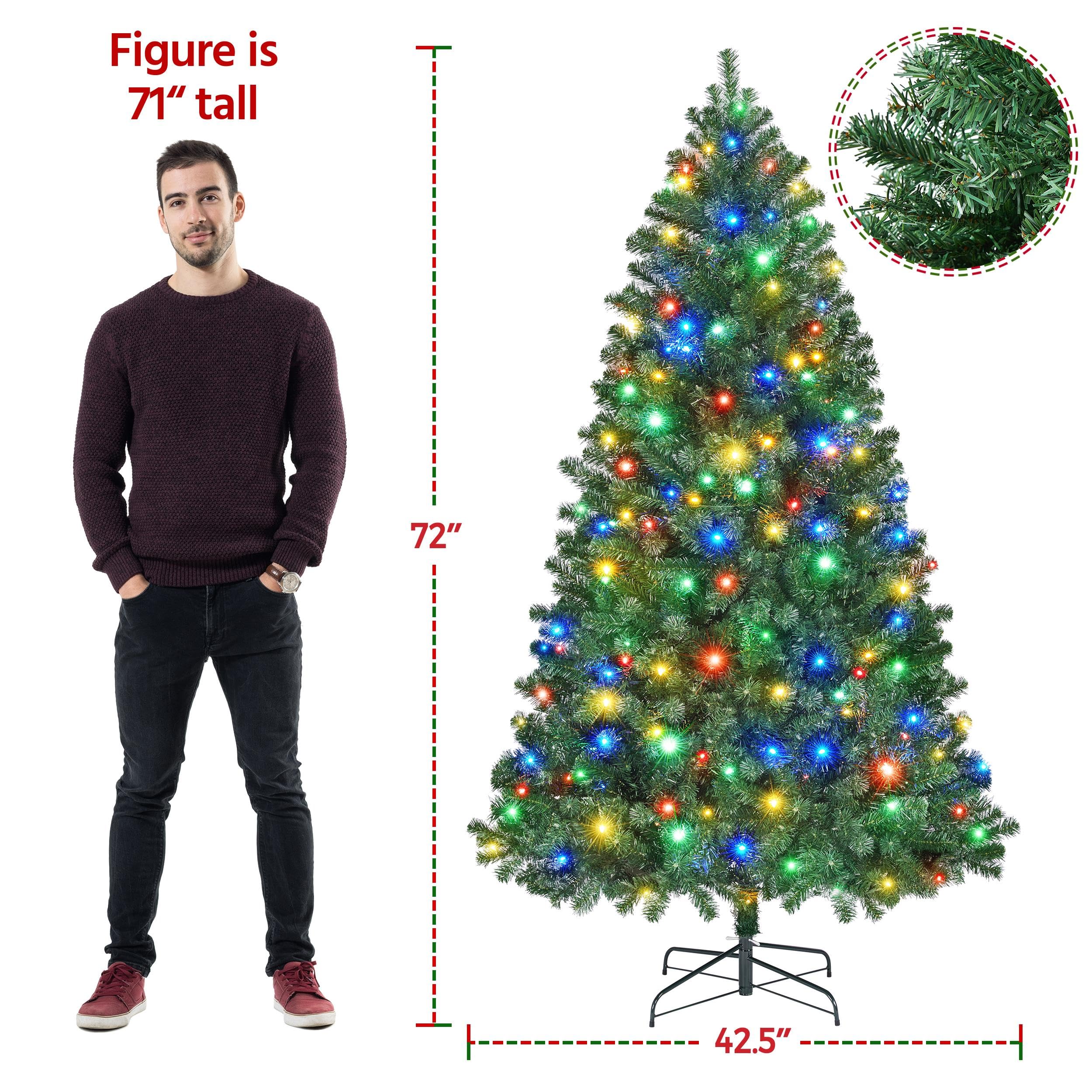 Yaheetech 6ft Pre-lit Spruce Artificial Christmas Tree Hinges Tree with 300 Multicolor LED Lights & 818 Branch Tips & Metal Stan