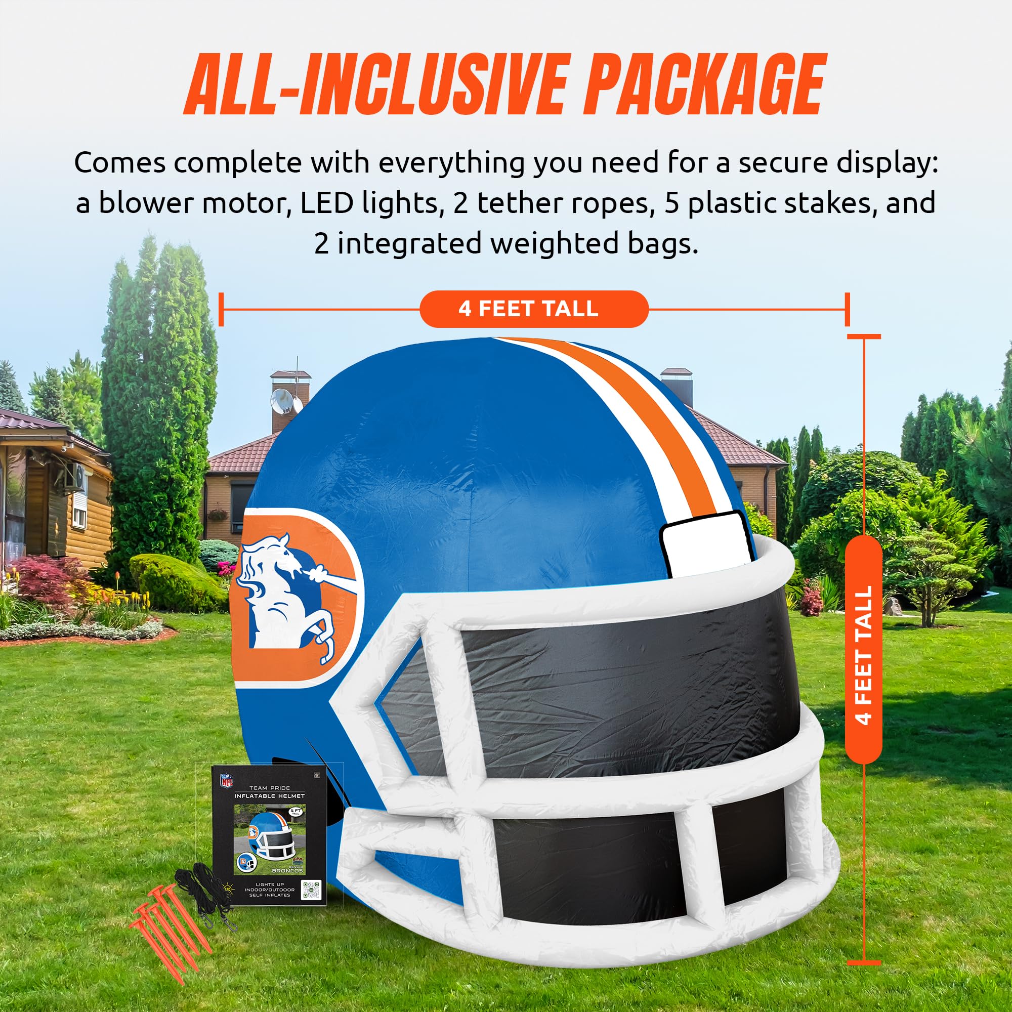 Sporticulture NFL Denver Broncos 4ft Inflatable Retro Helmet with LED Lights & Built-in Blower - Merchandise Decor Ideal for Law