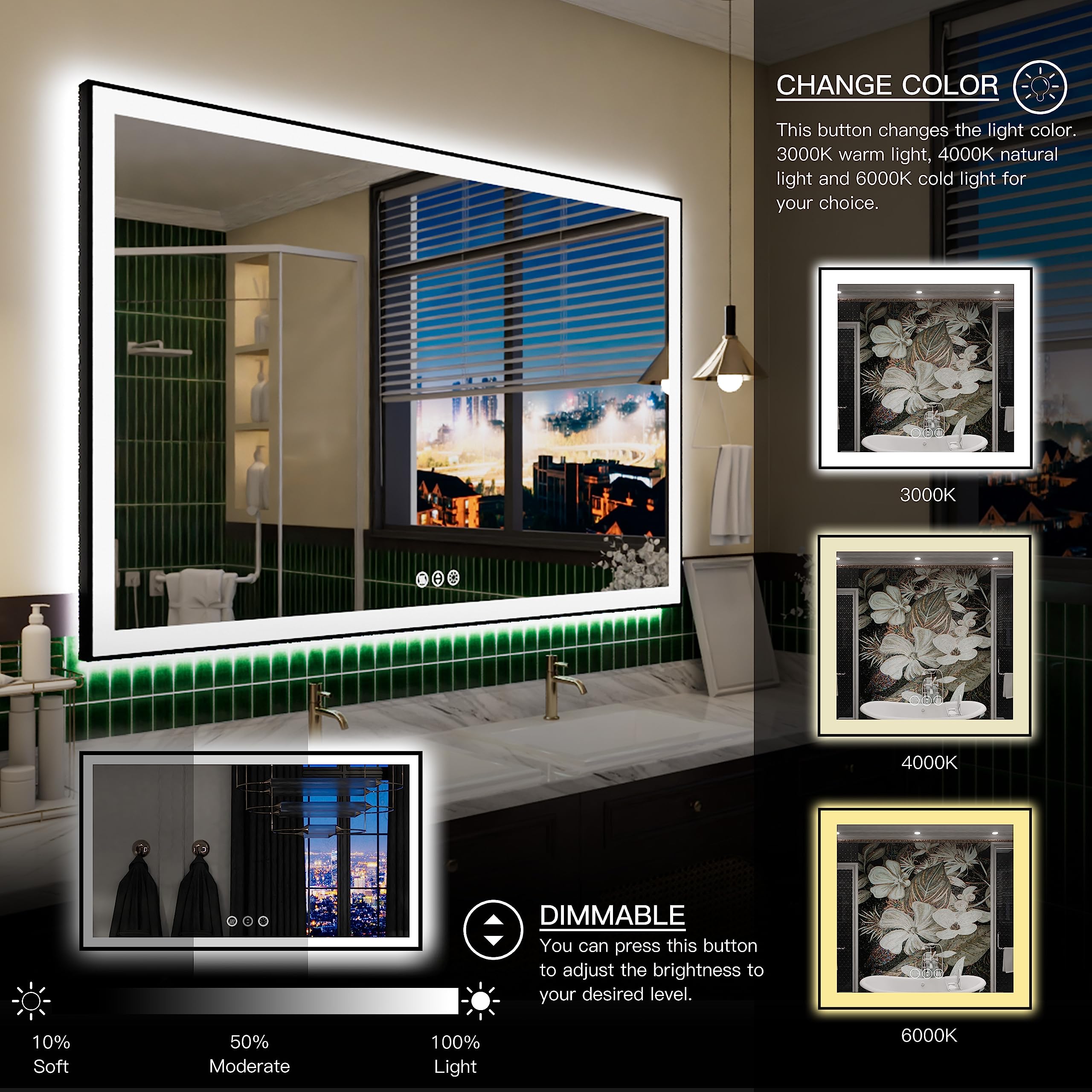 Yamazakura Large Light Bathroom Mirror 55X36 Backlit And Front Lighted Led Wall-Mounted Vanity Mirror Modern Rectangle Black Mir