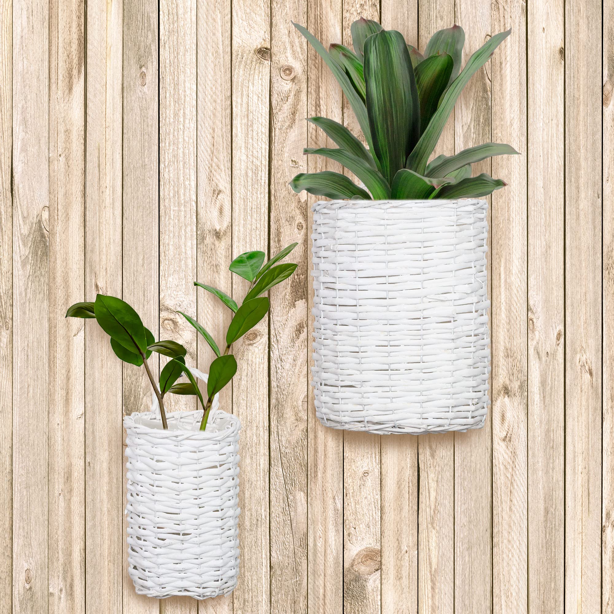AuldHome Wall Hanging Baskets (White  Set of 2); Woven WIcker Rustic Farmhouse White Washed Door Baskets  Small and Medium Size