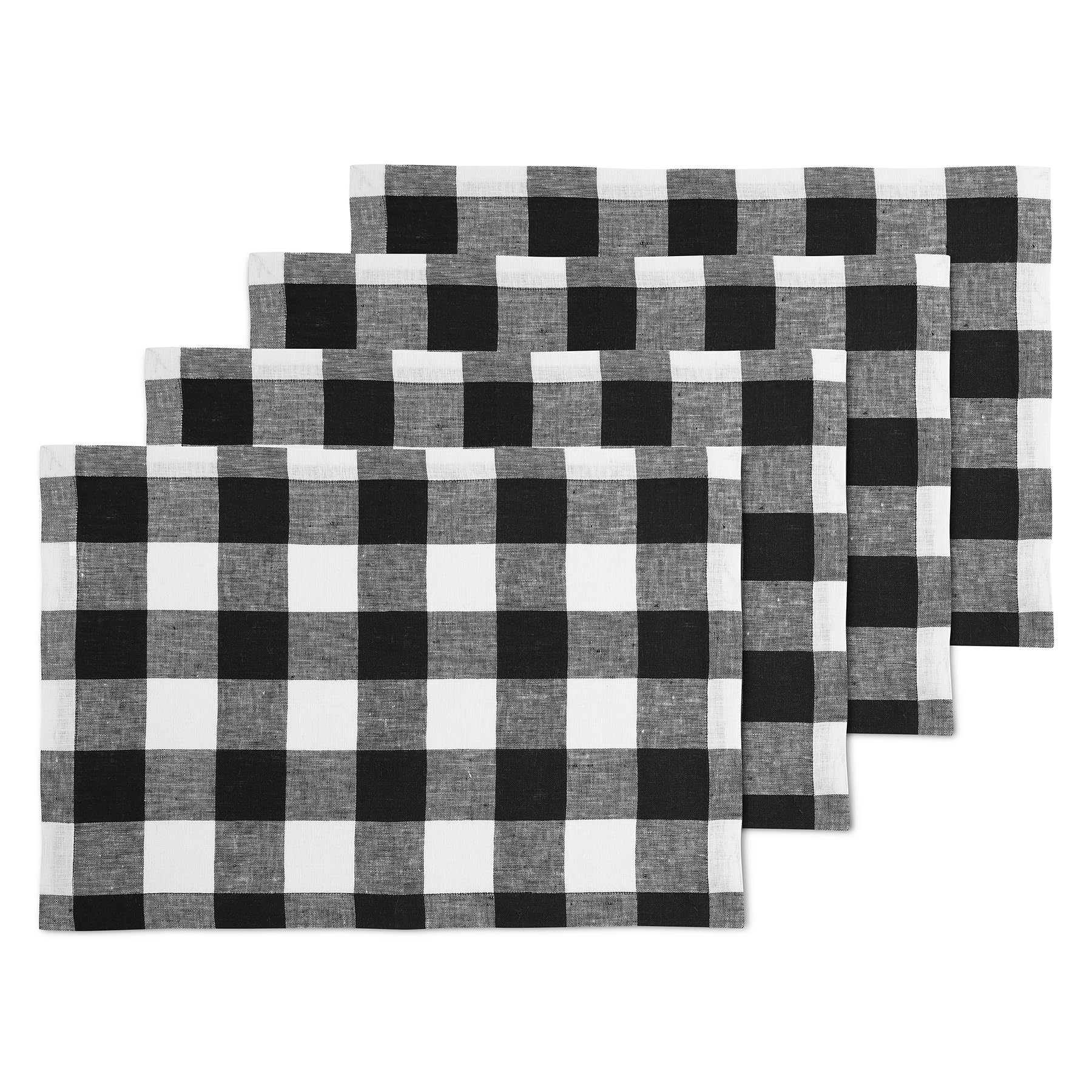 Solino Home Buffalo Check Linen Placemats 19'' L X 14'' W Inch - 100% Pure Linen Black And White Plaid Cloth Placemats Set Of 4