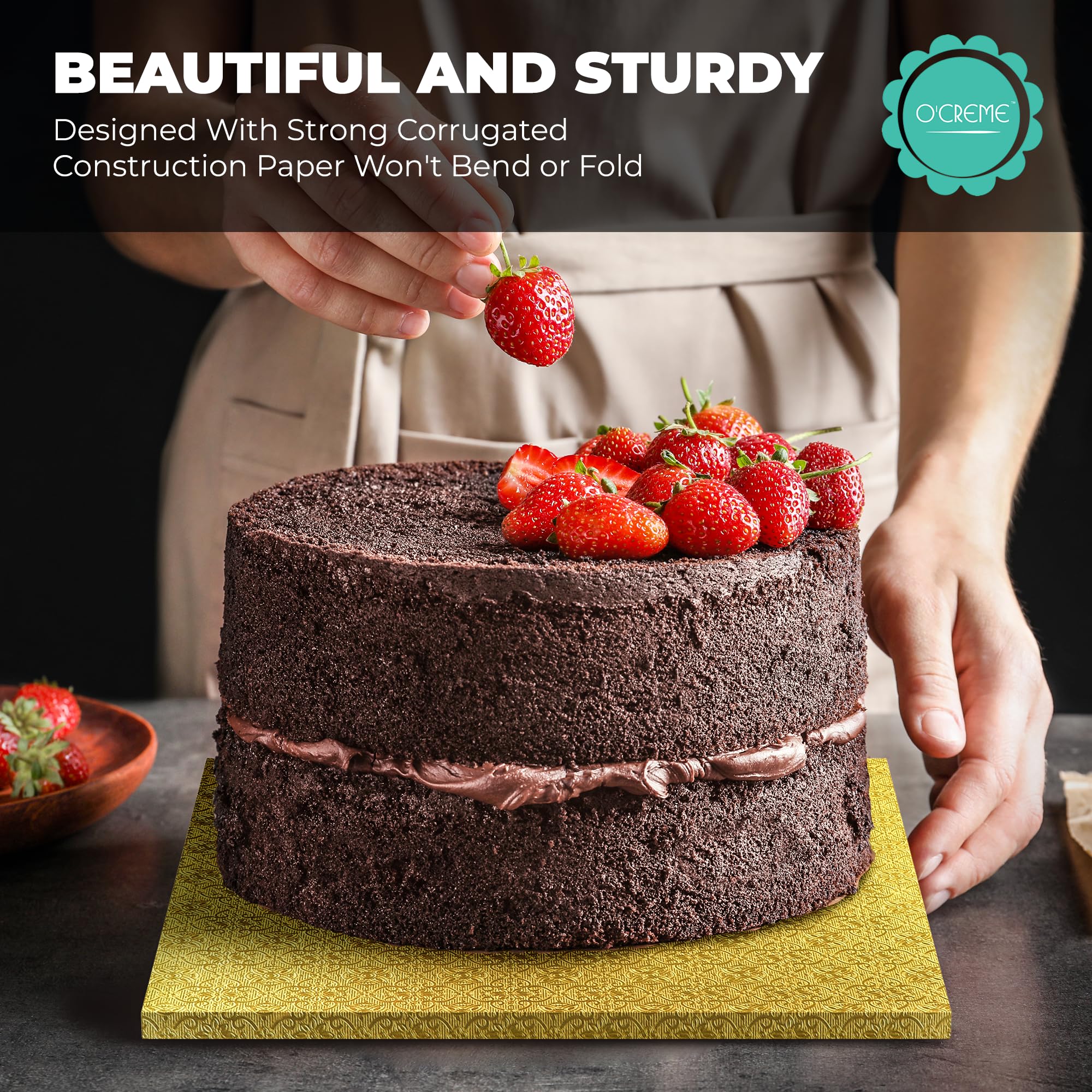 Ocreme Cake Board, Gold Foil Square Cake Drum With Gorgeous Design, Sturdy & Durable 1/2    Thick Cake Drums, Square Cake Boards