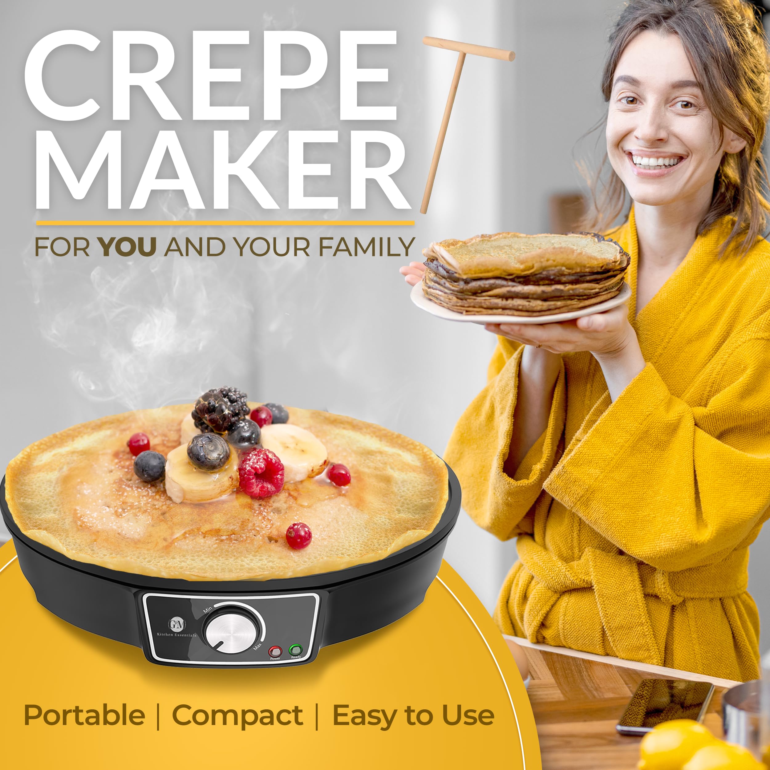 Crepe Maker Machine (Easy To Use), Pancake Griddle - Nonstick 12    Electric Griddle - Pancake Maker, Batter Spreader, Wooden Sp