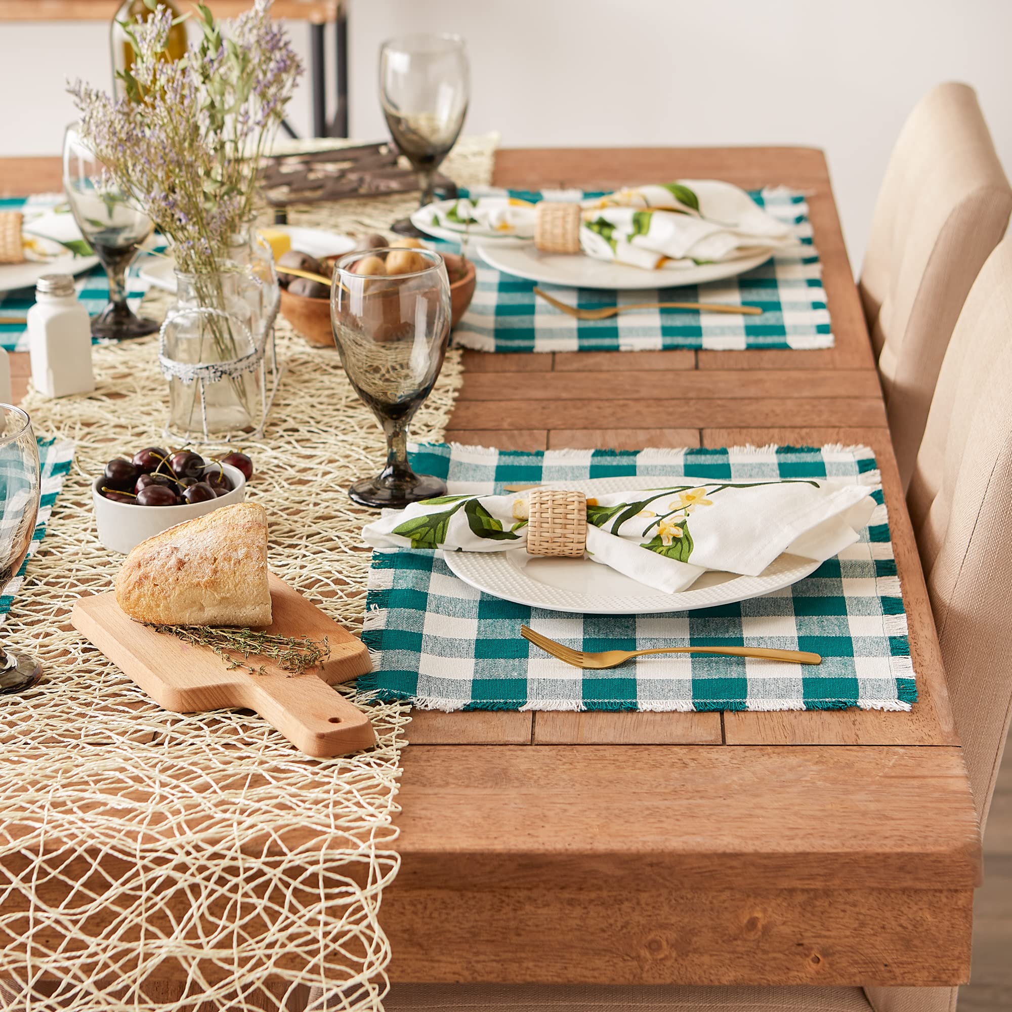 Dii Heavyweight Fringed Check Tabletop Collection, Placemat Set, 13X19, Teal, 6 Piece