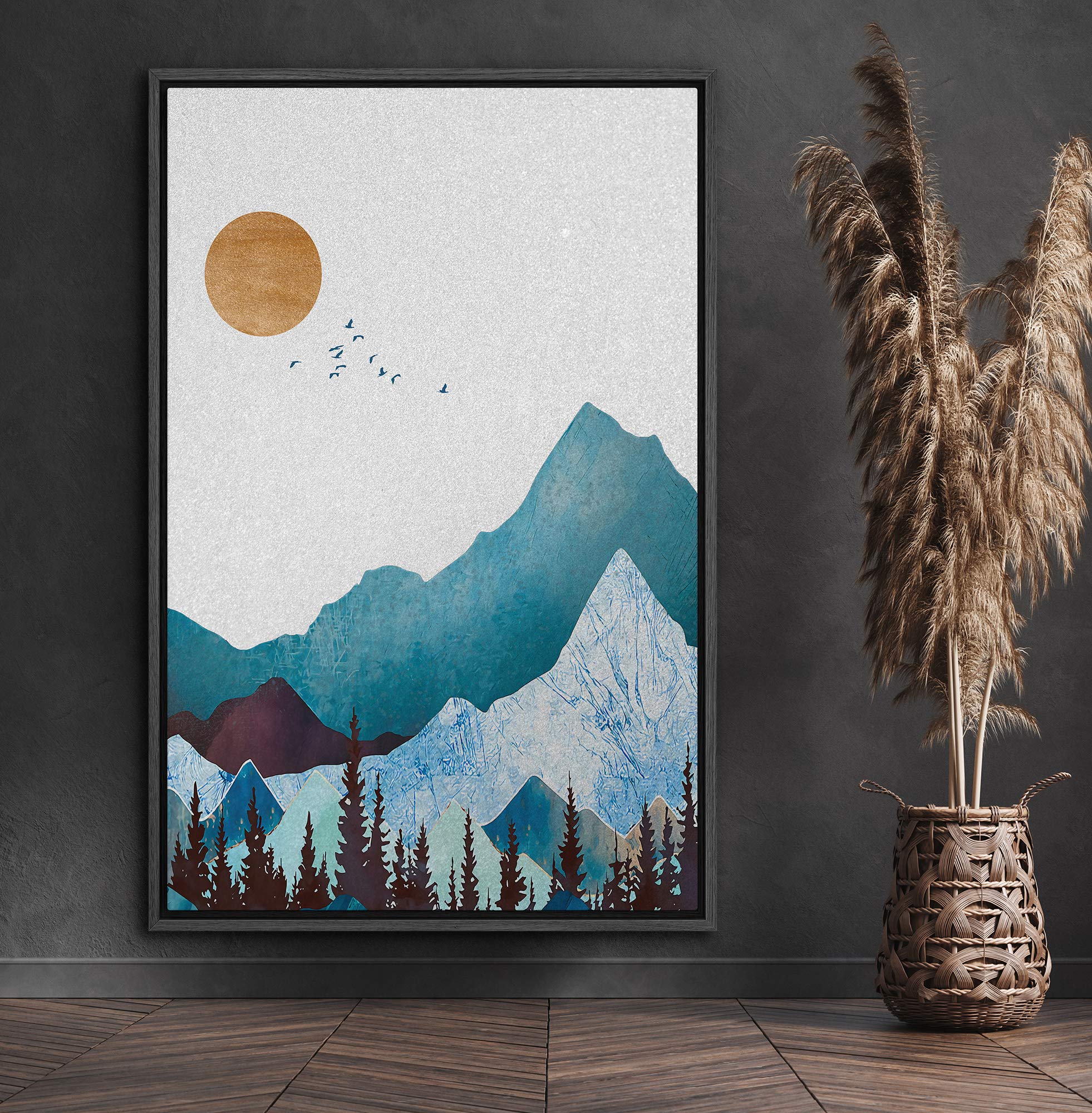 Signford Framed Canvas Print Wall Art Blue Mountains With Granite Effect & Sun Abstract Wilderness Illustrations Modern Art Cont