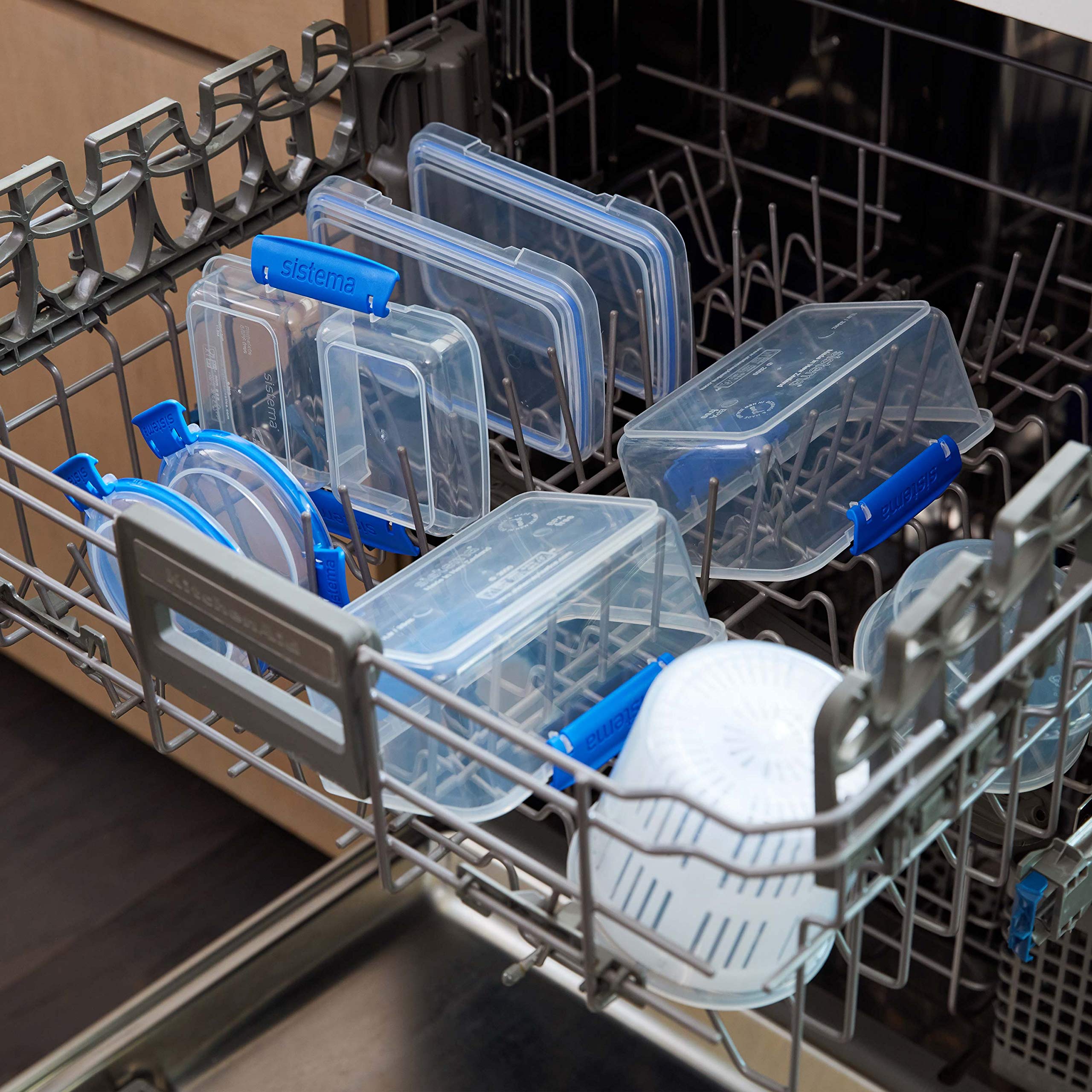 Sistema 3-Piece Food Storage Containers With 2 Compartments And Lids For Meal Prep, Dishwasher Safe, 11.8Oz, Clear/Blue, 3 Count