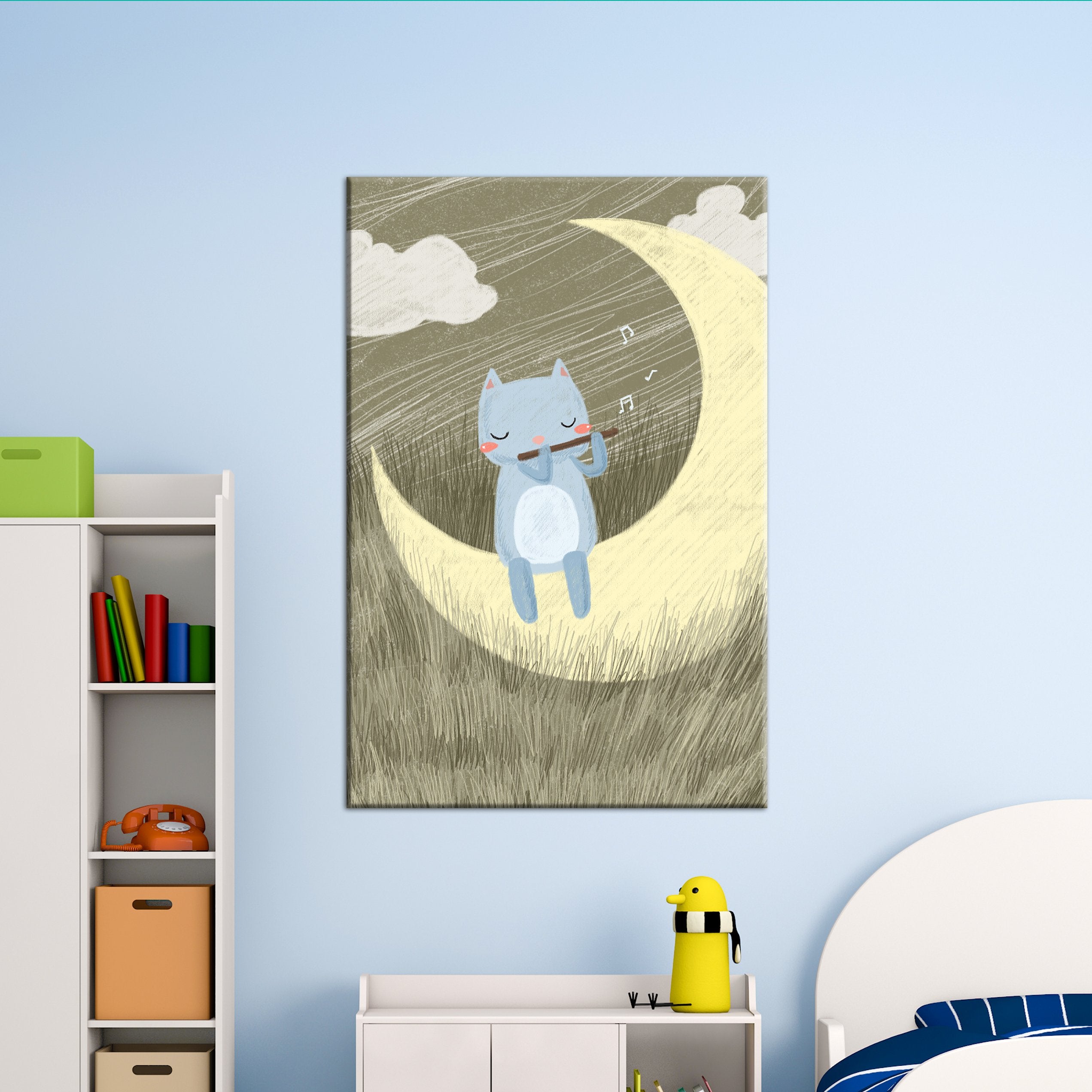 Wall26 Cute Cartoon Animals Canvas Wall Art - A Cat Playing Flute On The Crescent Moon - Giclee Print Gallery Wrap Kid'S Room Wa