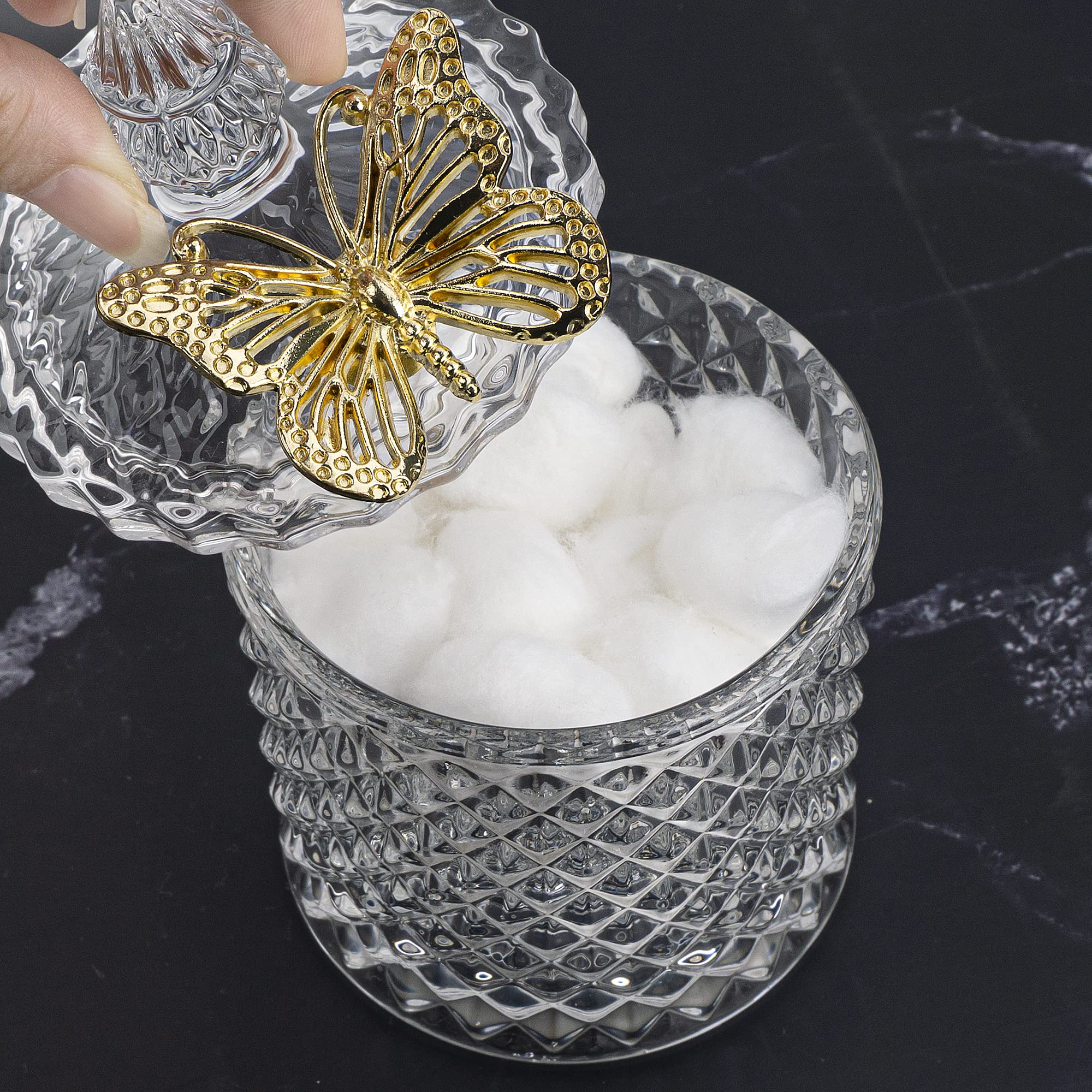 Ezebesta 2Pcs Vintage Bathroom Canisters Cute Butterfly Lids Small Thick Clear Glass Jar Set Qtip Holder Dispenser For Cotton Ba