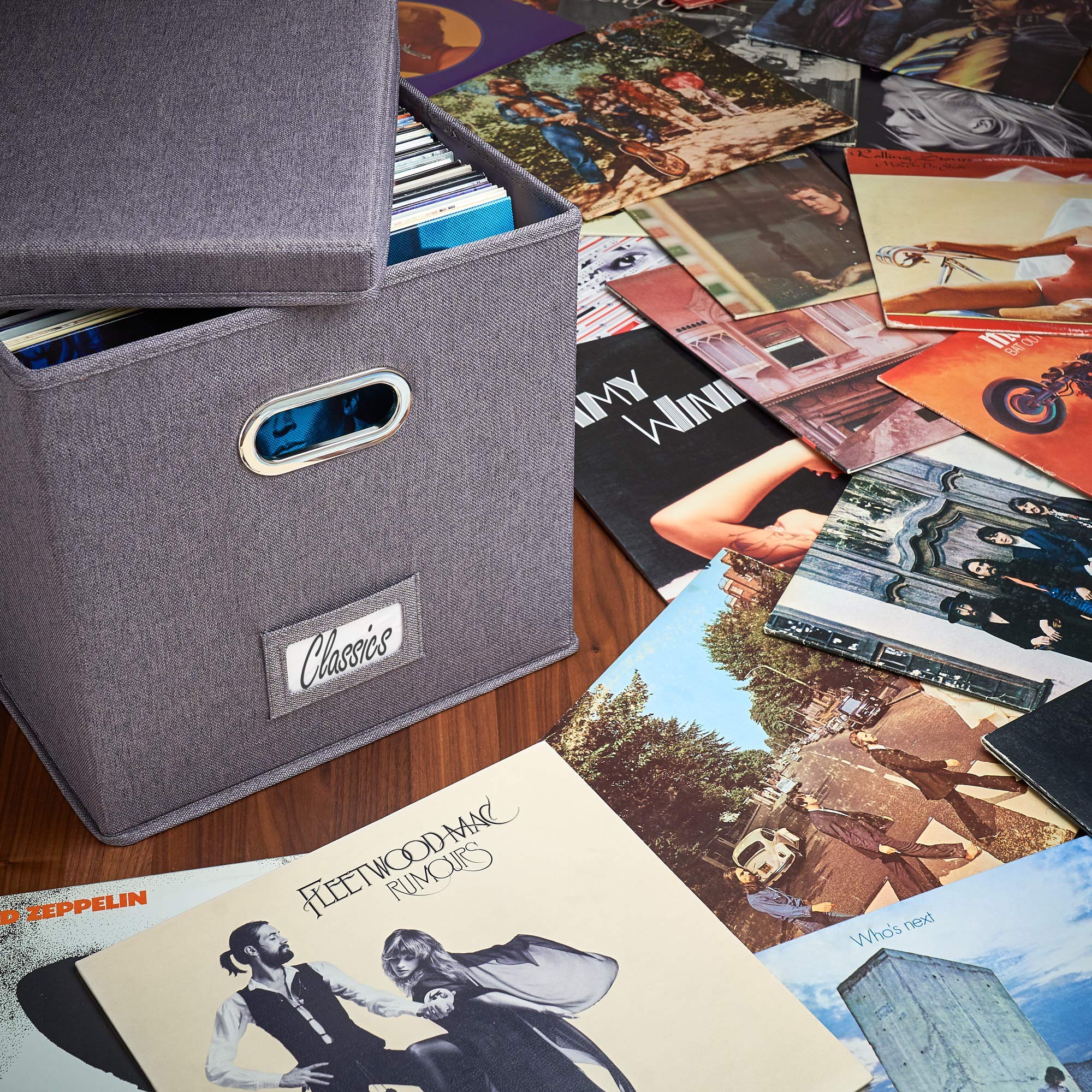 ZICOTO Decorative Vinyl Record Storage Box for 50+ Single Records - Sturdy and Easy to Carry LP Holder with Lid - The Perfect St