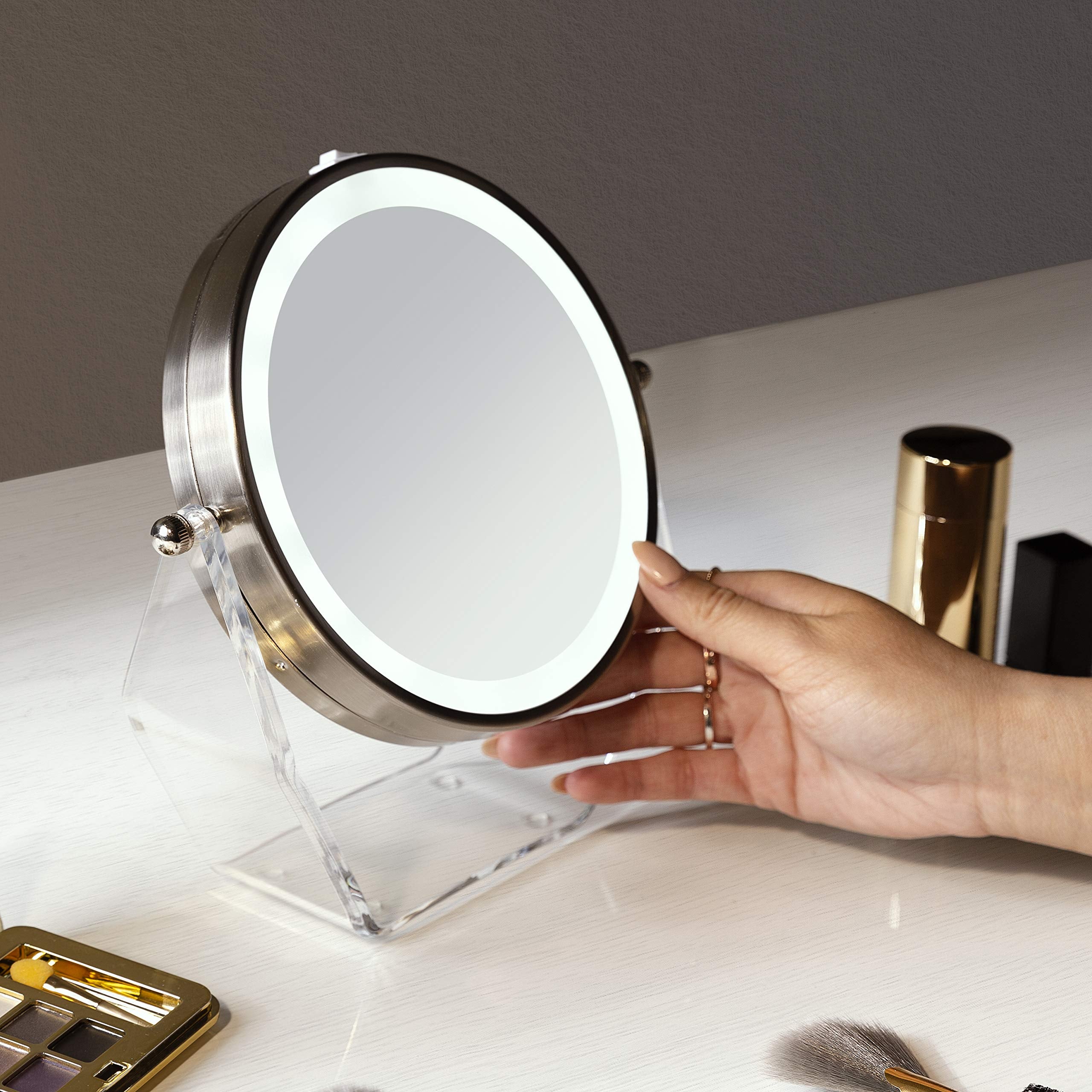 Zadro Led Lighted 8X/1X Magnification Two-Sided Swivel Acrylic Base Vanity Makeup Mirror For Bedroom, Bathroom And Tabletop In S