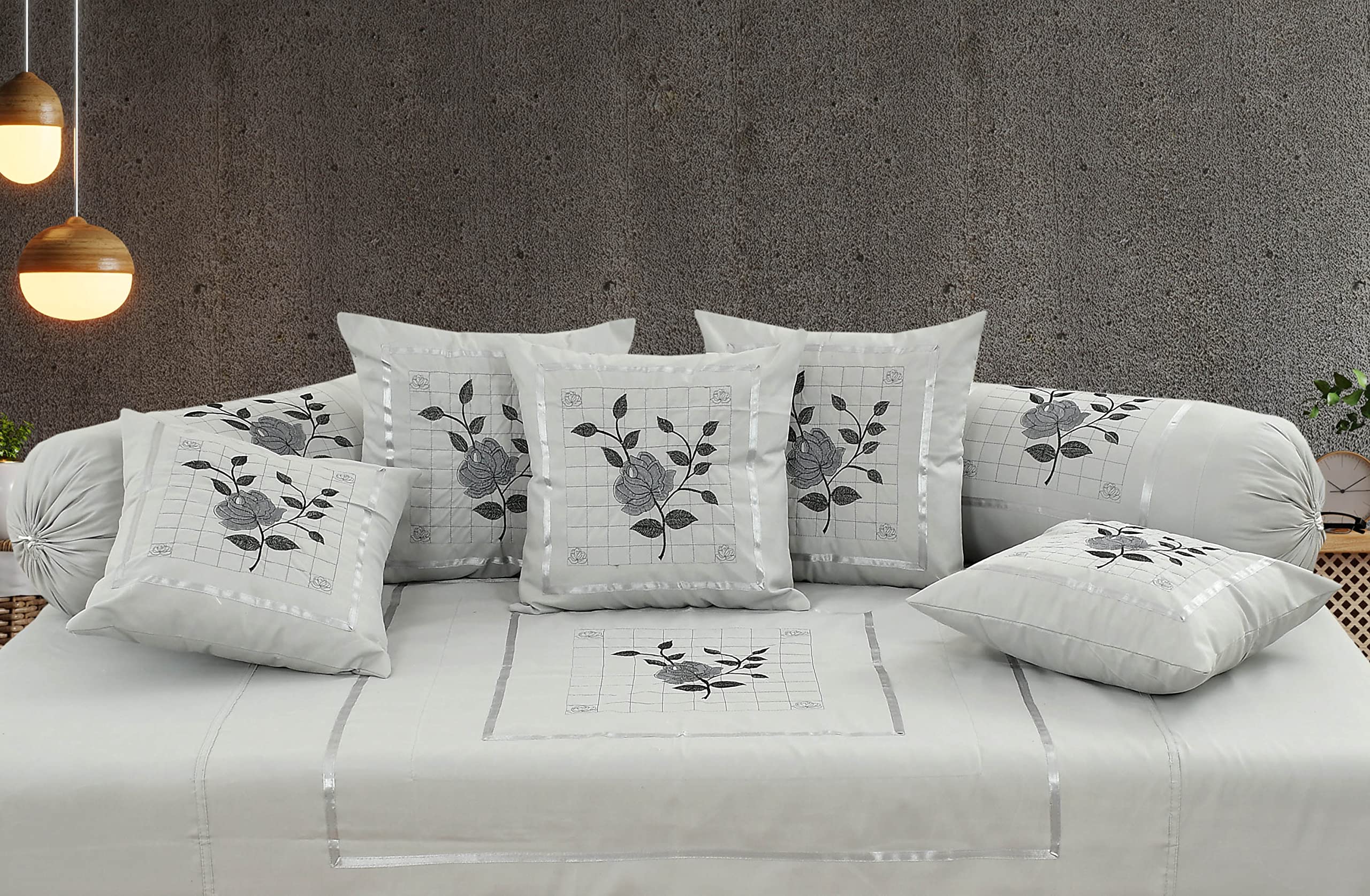 Rj Products Designer Embroided Cotton 8Pcs Diwan Set Grey