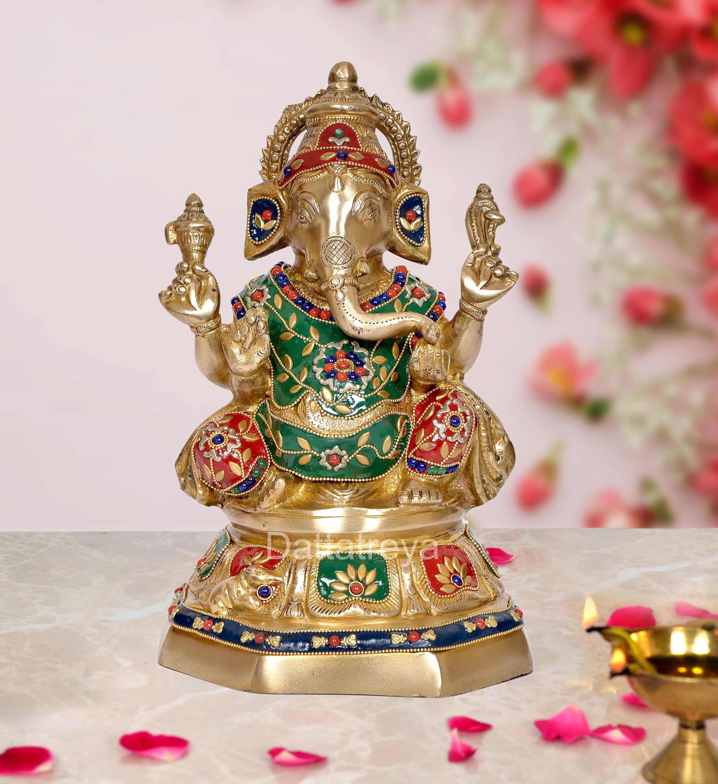 Dattatreya Brass Ganesh Statue Handcrafted Lord Ganesha Idol For Home Decor And Pooja Hindu God Ganapati Figurine (Height 11 Inc